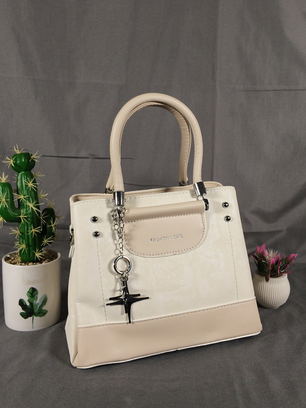 F&B Textured Apricot Top-Handle Satchel with Charm