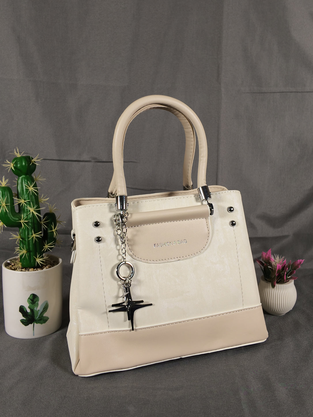F&B Textured Apricot Top-Handle Satchel with Charm
