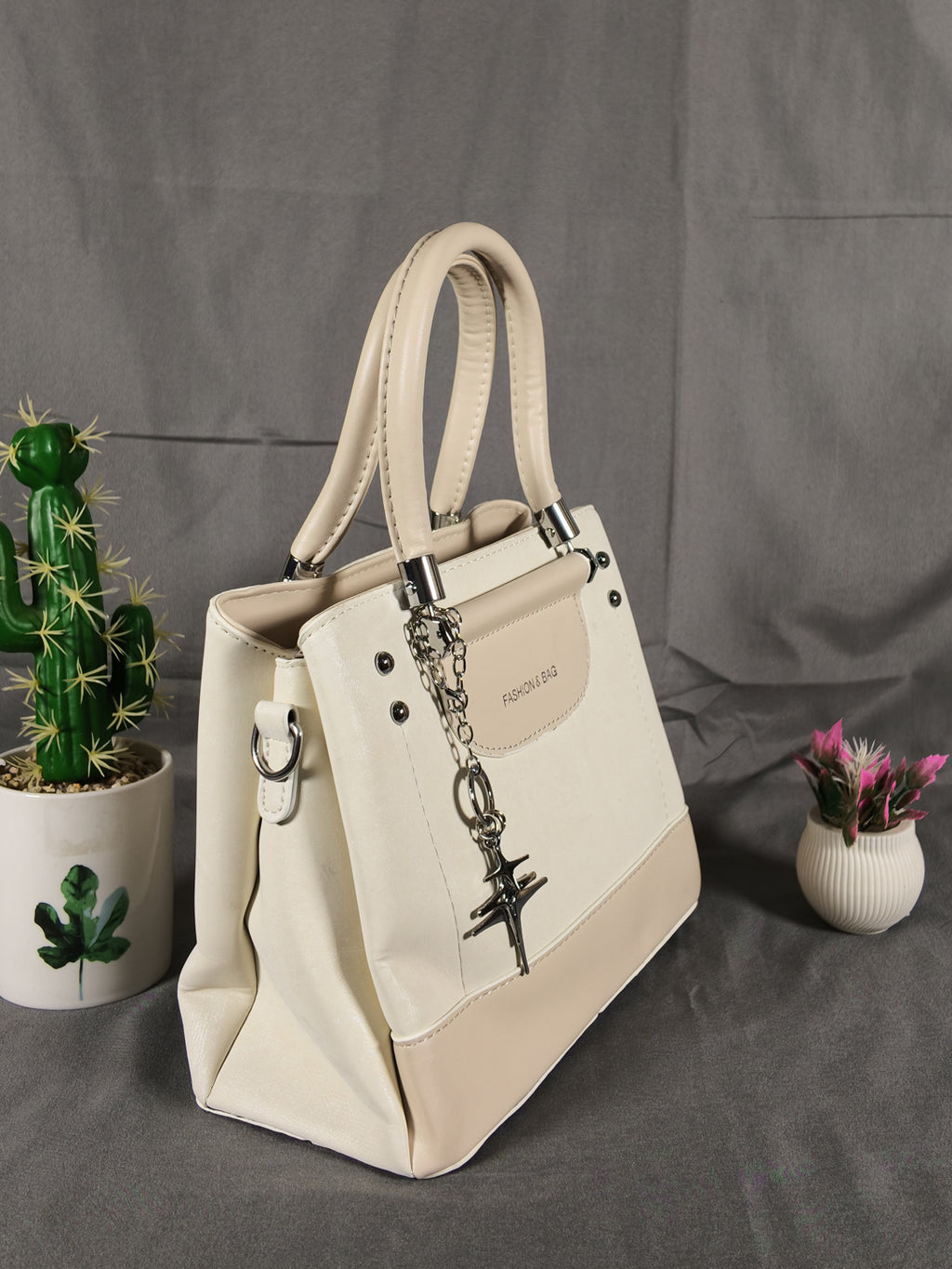 F&B Textured Apricot Top-Handle Satchel with Charm