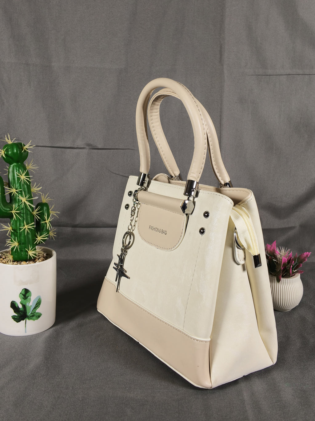 F&B Textured Apricot Top-Handle Satchel with Charm