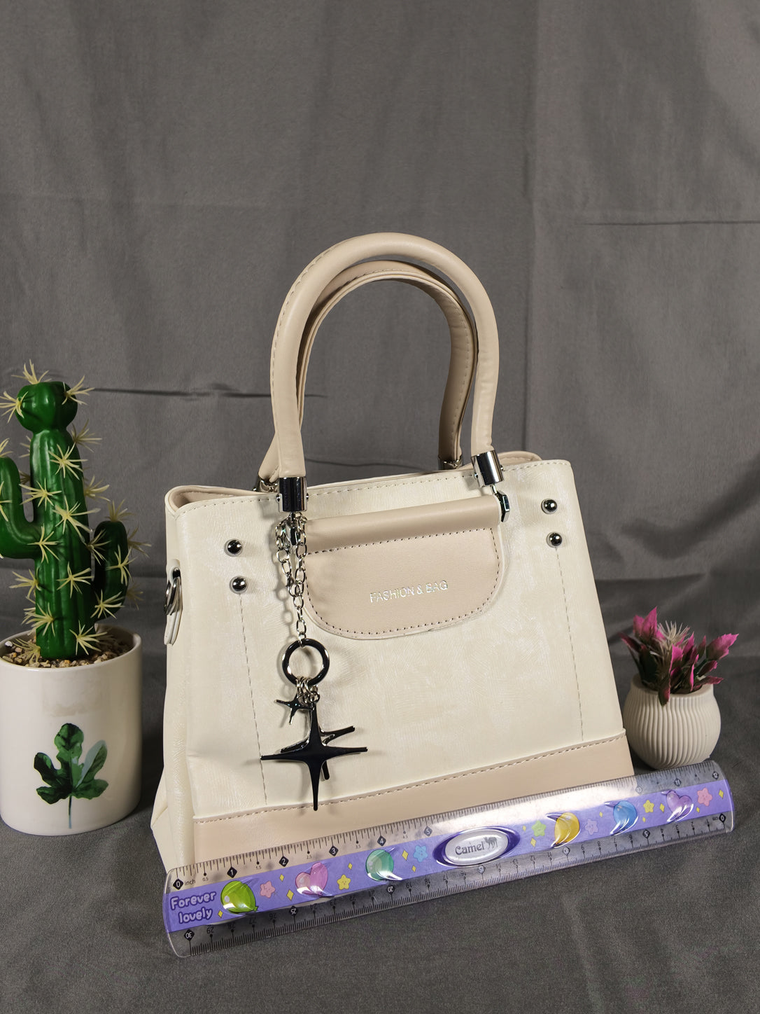 F&B Textured Apricot Top-Handle Satchel with Charm
