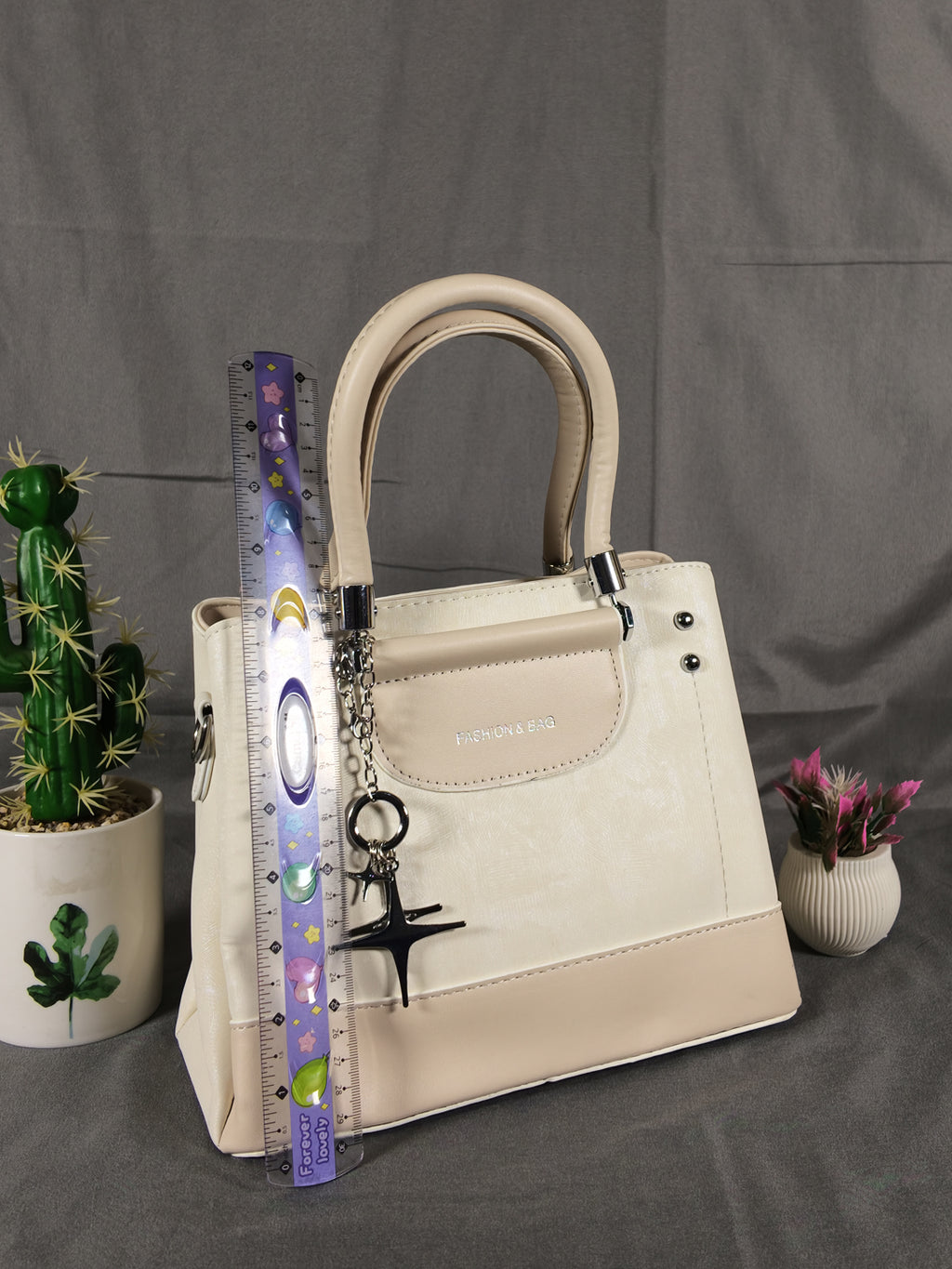 F&B Textured Apricot Top-Handle Satchel with Charm