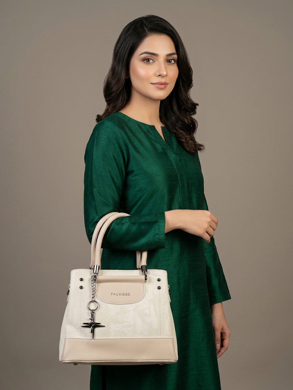 F&B Textured Apricot Top-Handle Satchel with Charm