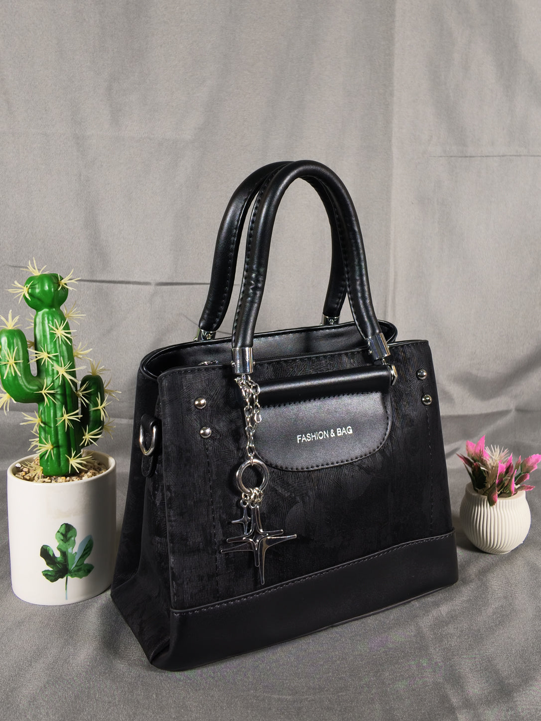 F&B Textured Black Top-Handle Satchel with Charm