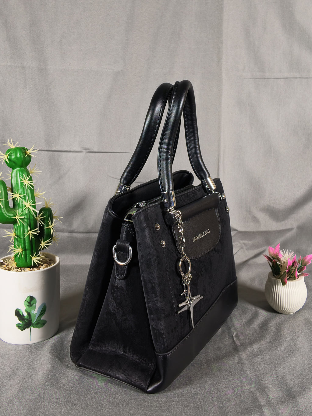 F&B Textured Black Top-Handle Satchel with Charm