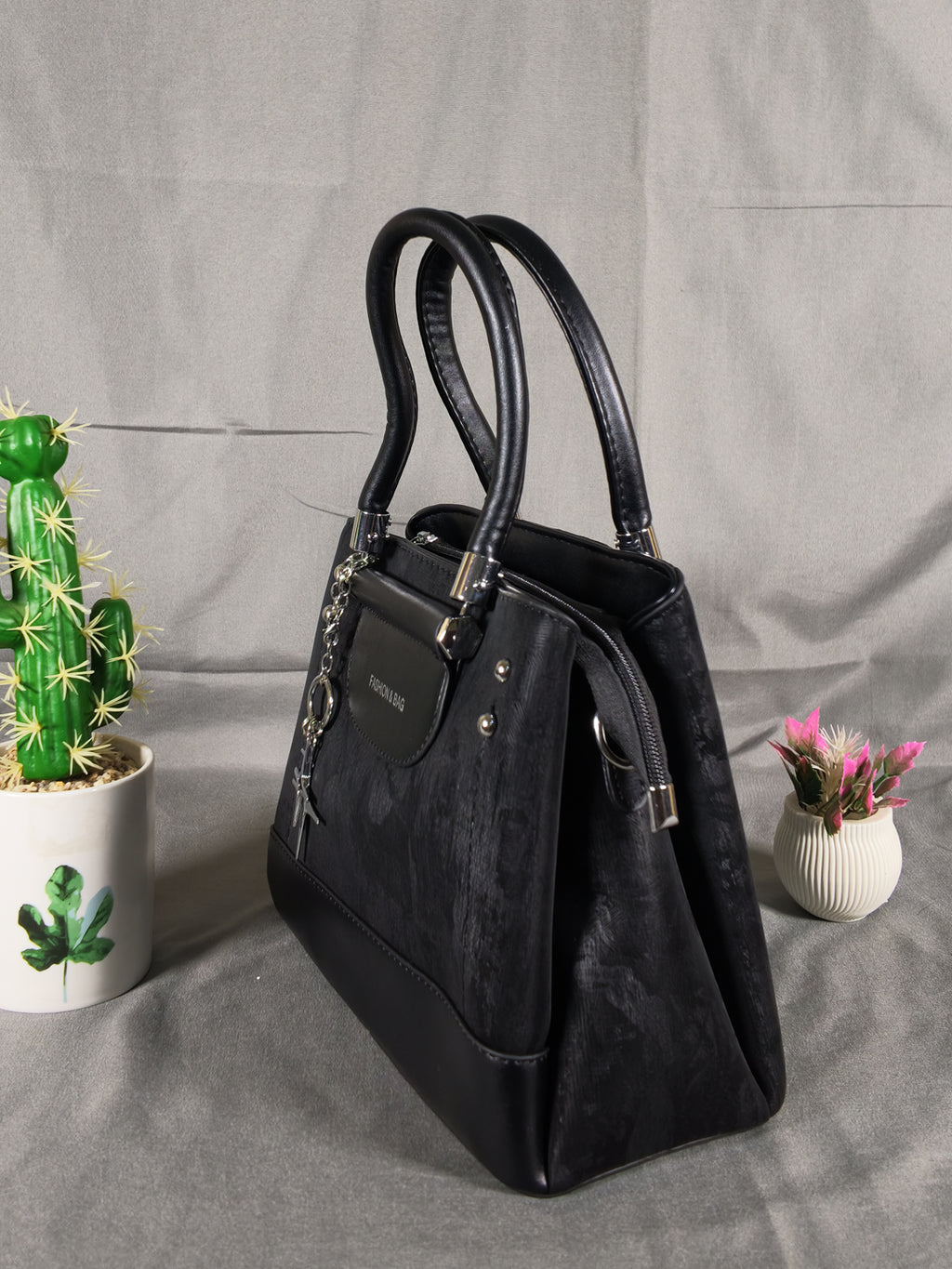 F&B Textured Black Top-Handle Satchel with Charm