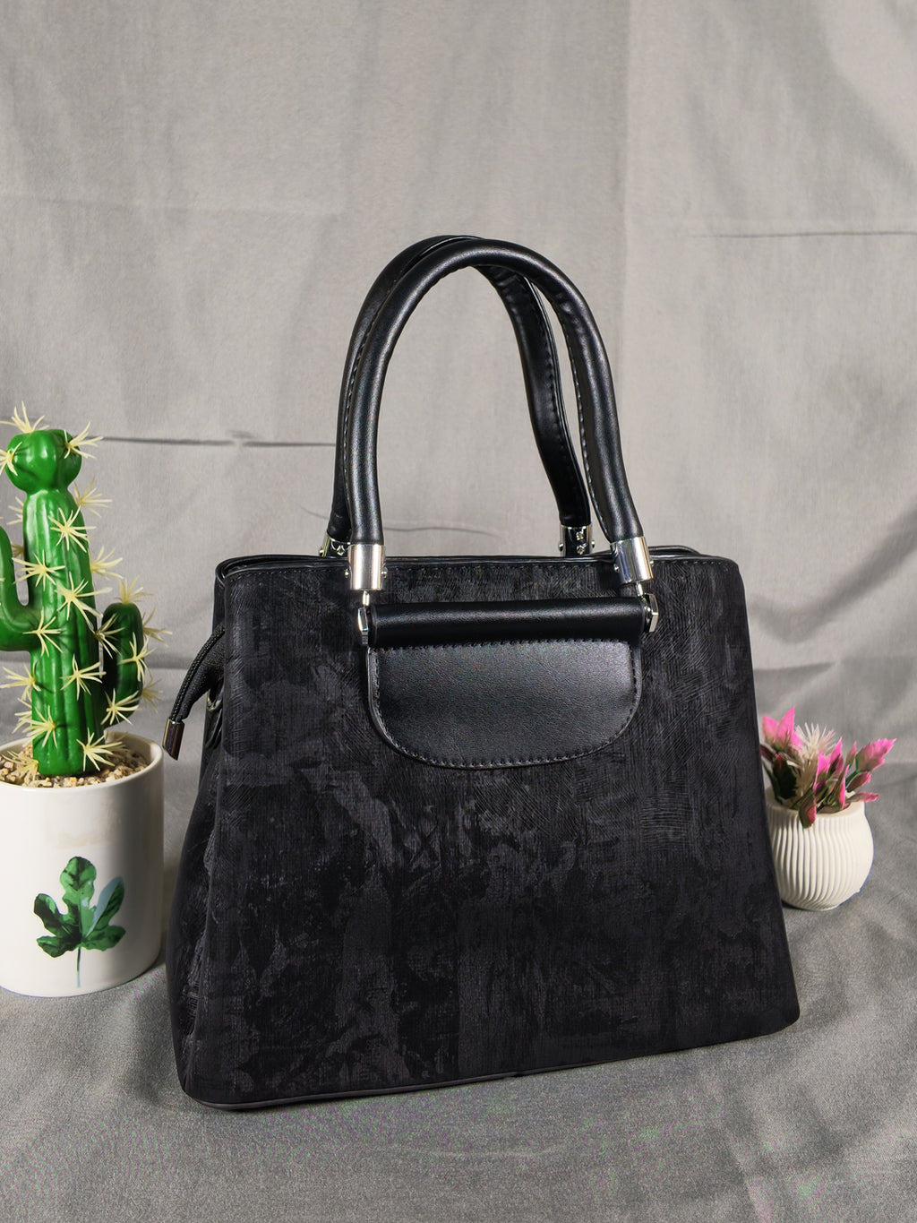 F&B Textured Black Top-Handle Satchel with Charm