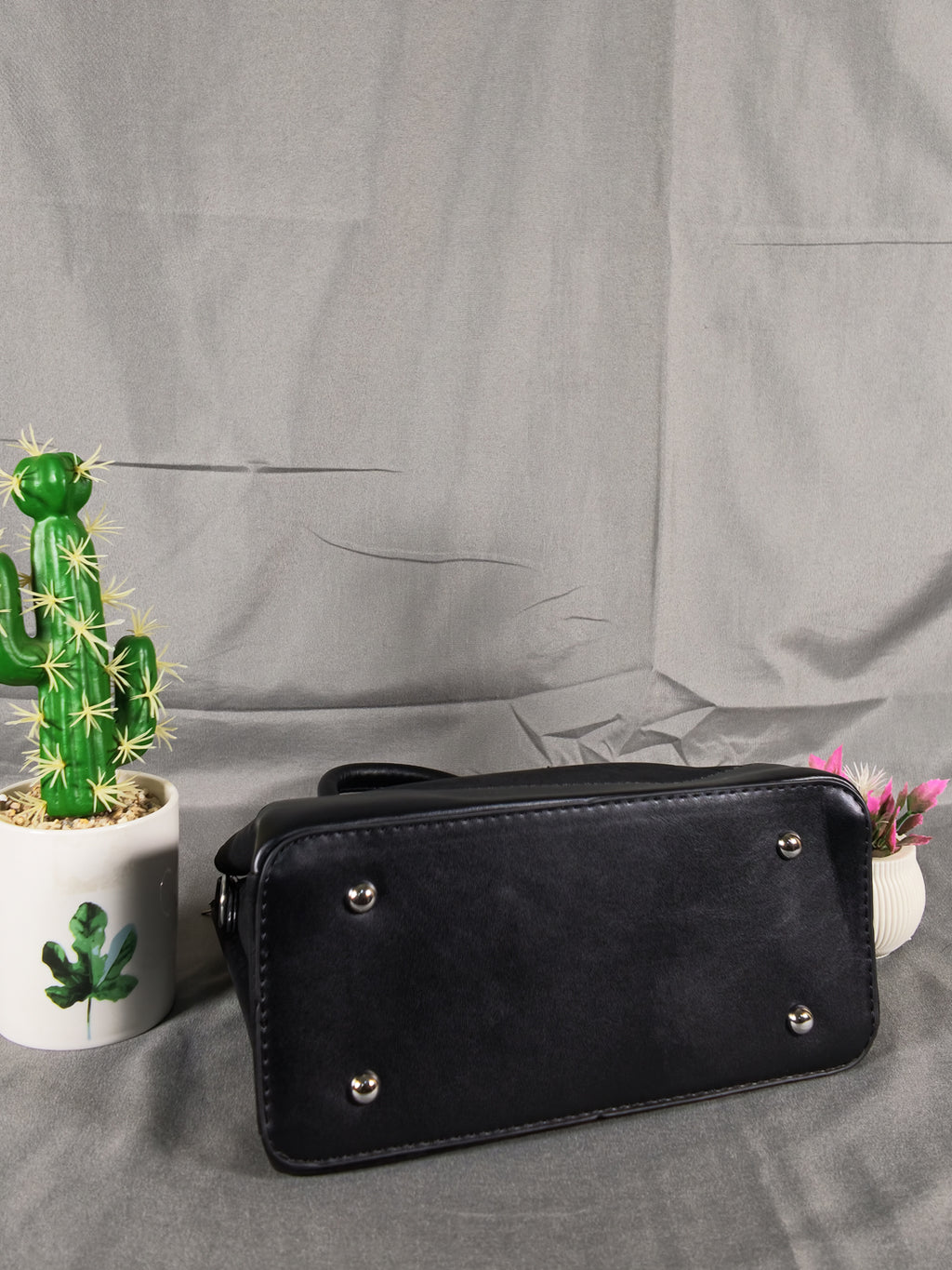 F&B Textured Black Top-Handle Satchel with Charm
