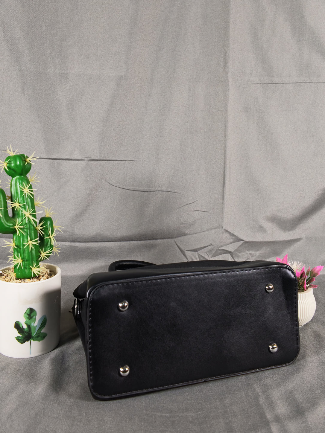 F&B Textured Black Top-Handle Satchel with Charm