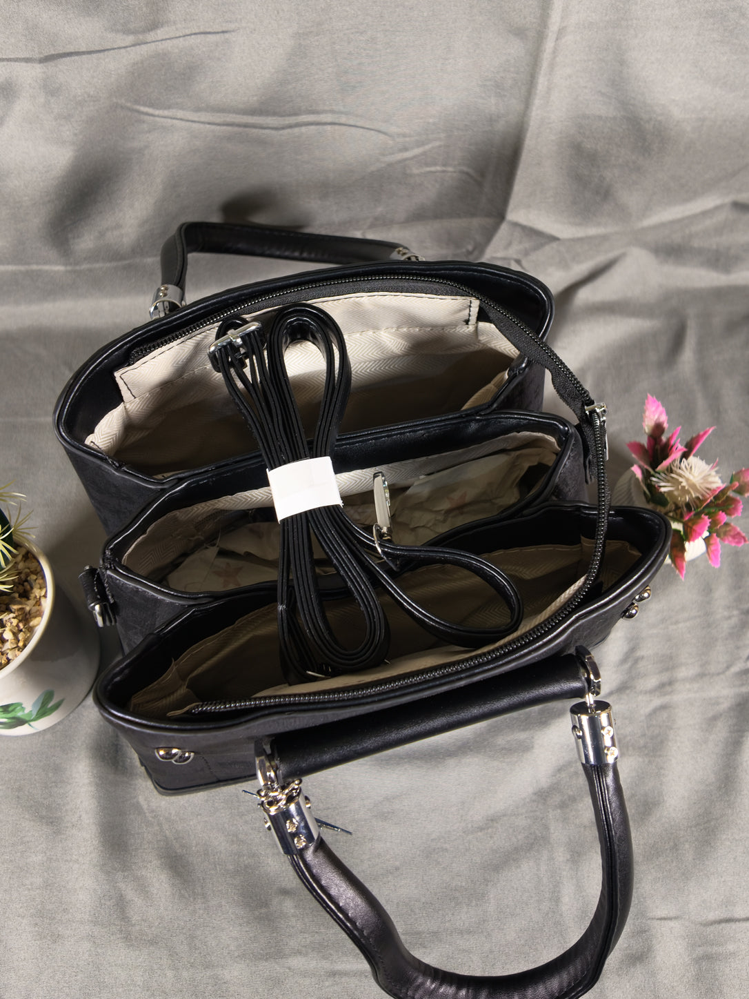 F&B Textured Black Top-Handle Satchel with Charm