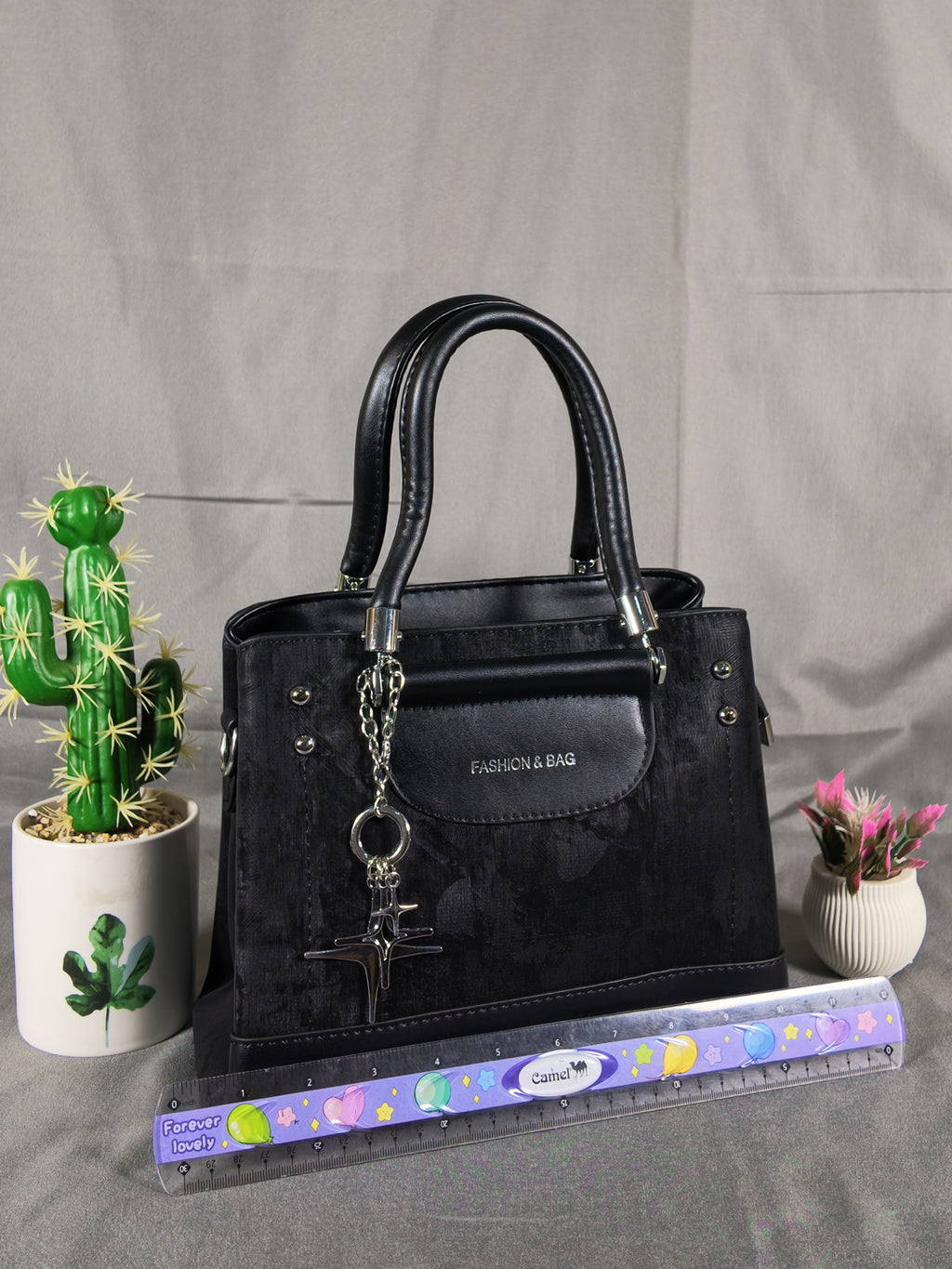 F&B Textured Black Top-Handle Satchel with Charm