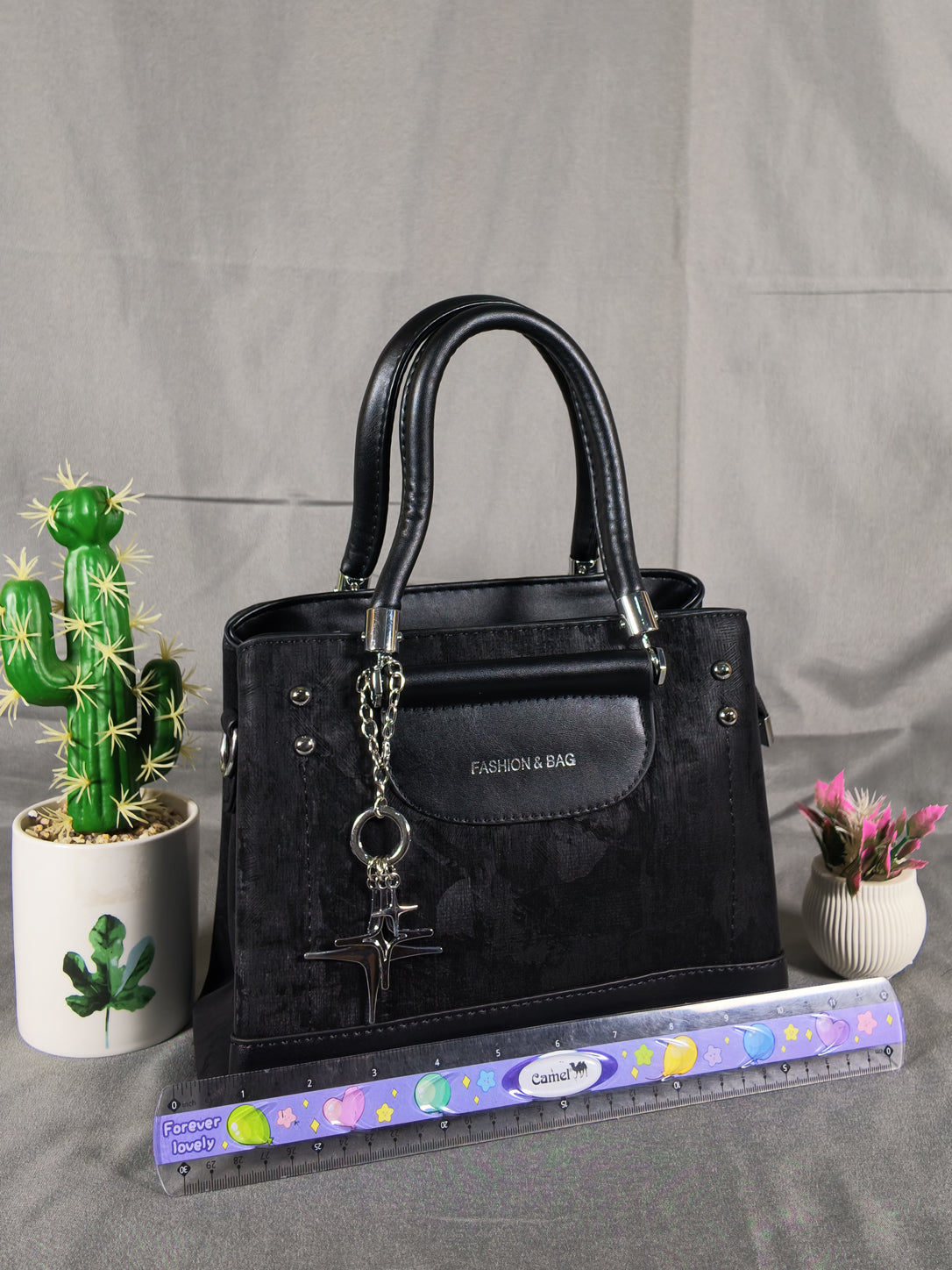 F&B Textured Black Top-Handle Satchel with Charm