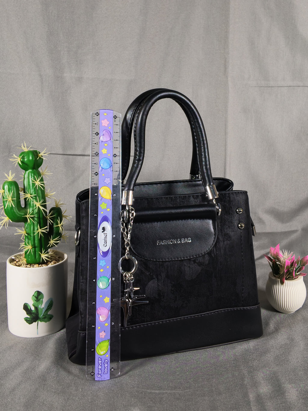 F&B Textured Black Top-Handle Satchel with Charm