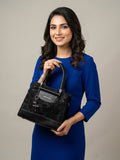 F&B Textured Black Top-Handle Satchel with Charm