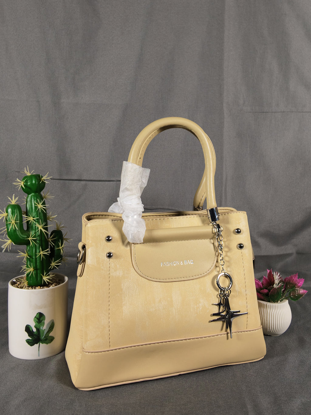 F&B Textured Cream Top-Handle Satchel with Charm