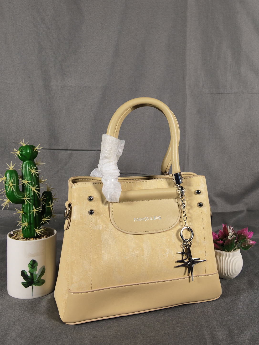 F&B Textured Cream Top-Handle Satchel with Charm
