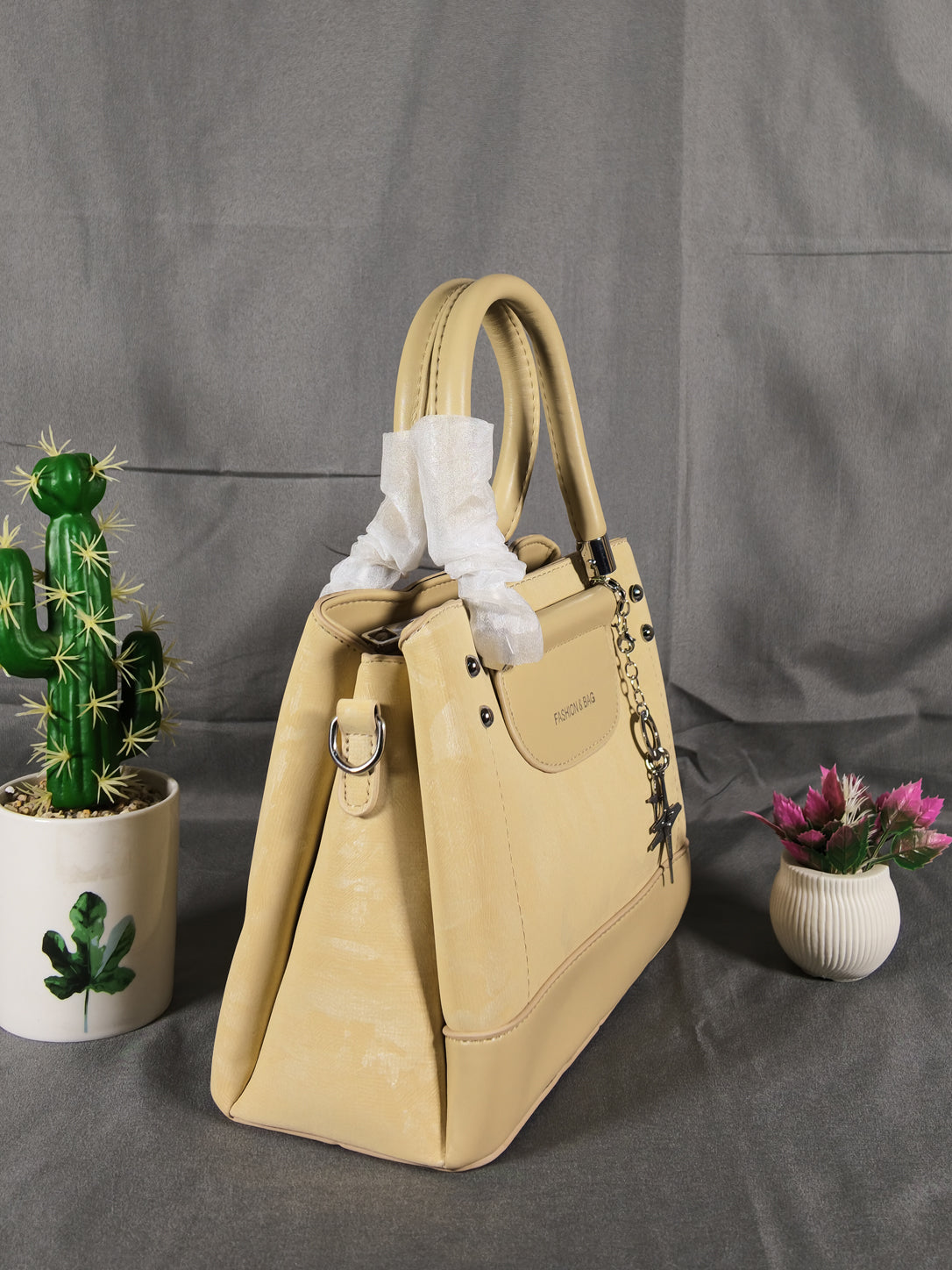 F&B Textured Cream Top-Handle Satchel with Charm