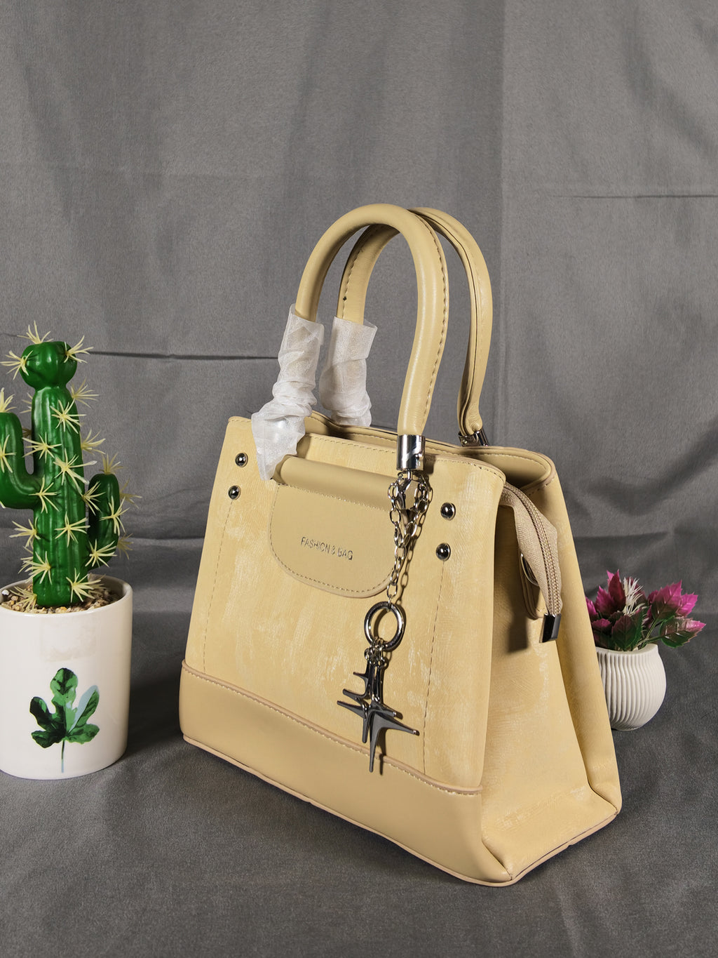 F&B Textured Cream Top-Handle Satchel with Charm