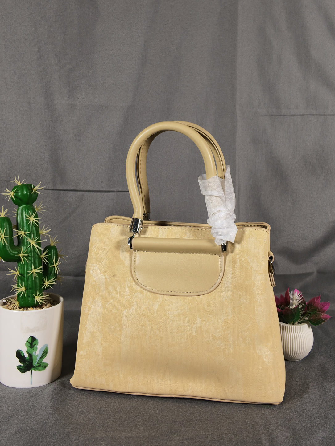 F&B Textured Cream Top-Handle Satchel with Charm