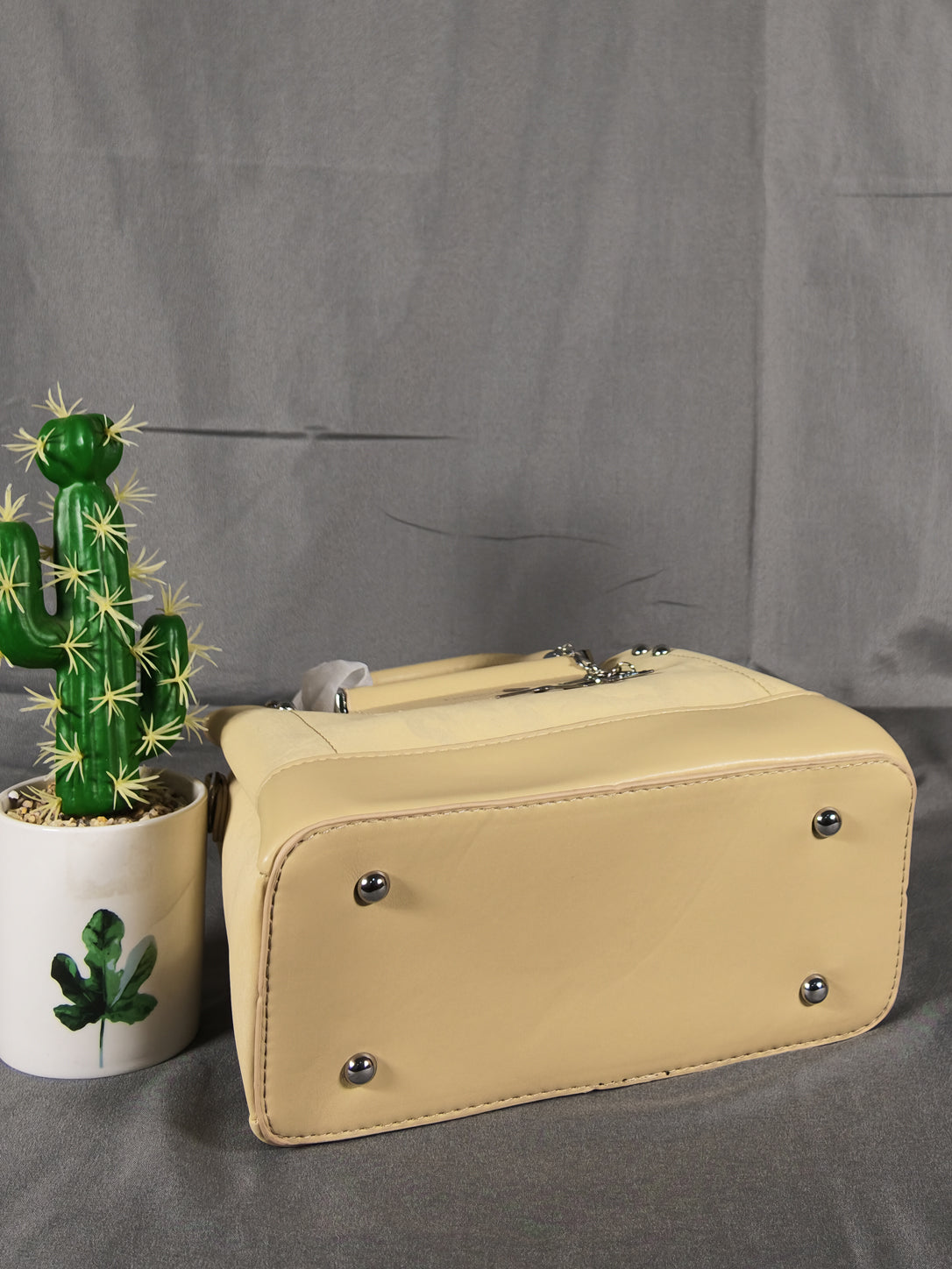 F&B Textured Cream Top-Handle Satchel with Charm