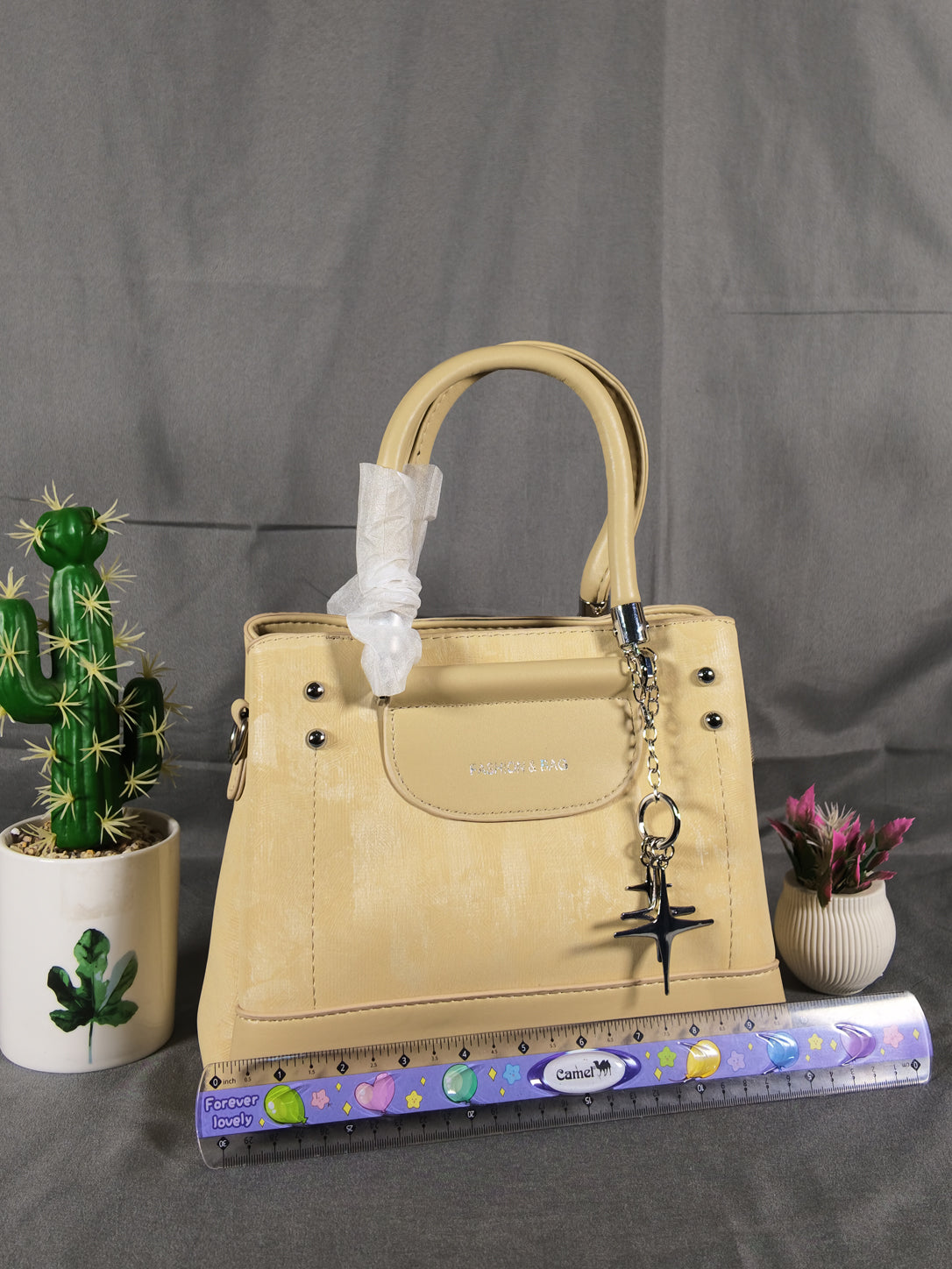 F&B Textured Cream Top-Handle Satchel with Charm