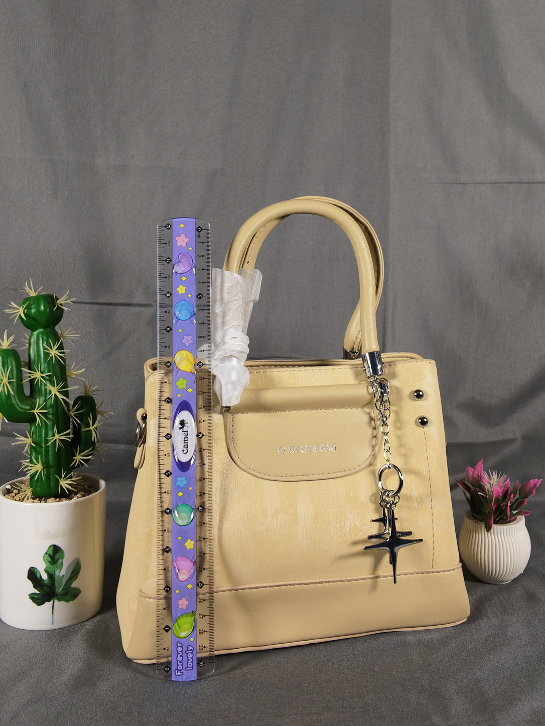 F&B Textured Cream Top-Handle Satchel with Charm