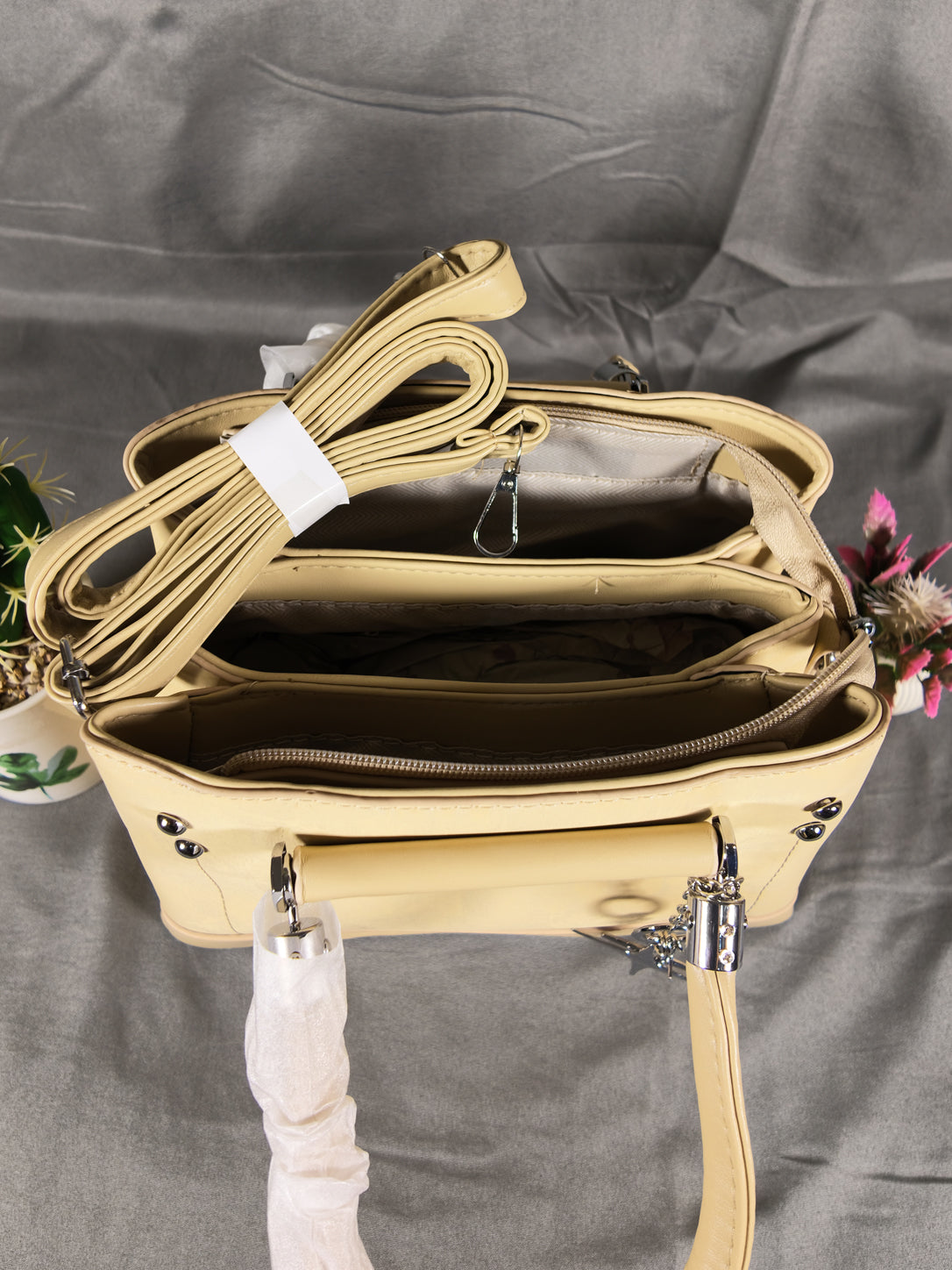F&B Textured Cream Top-Handle Satchel with Charm