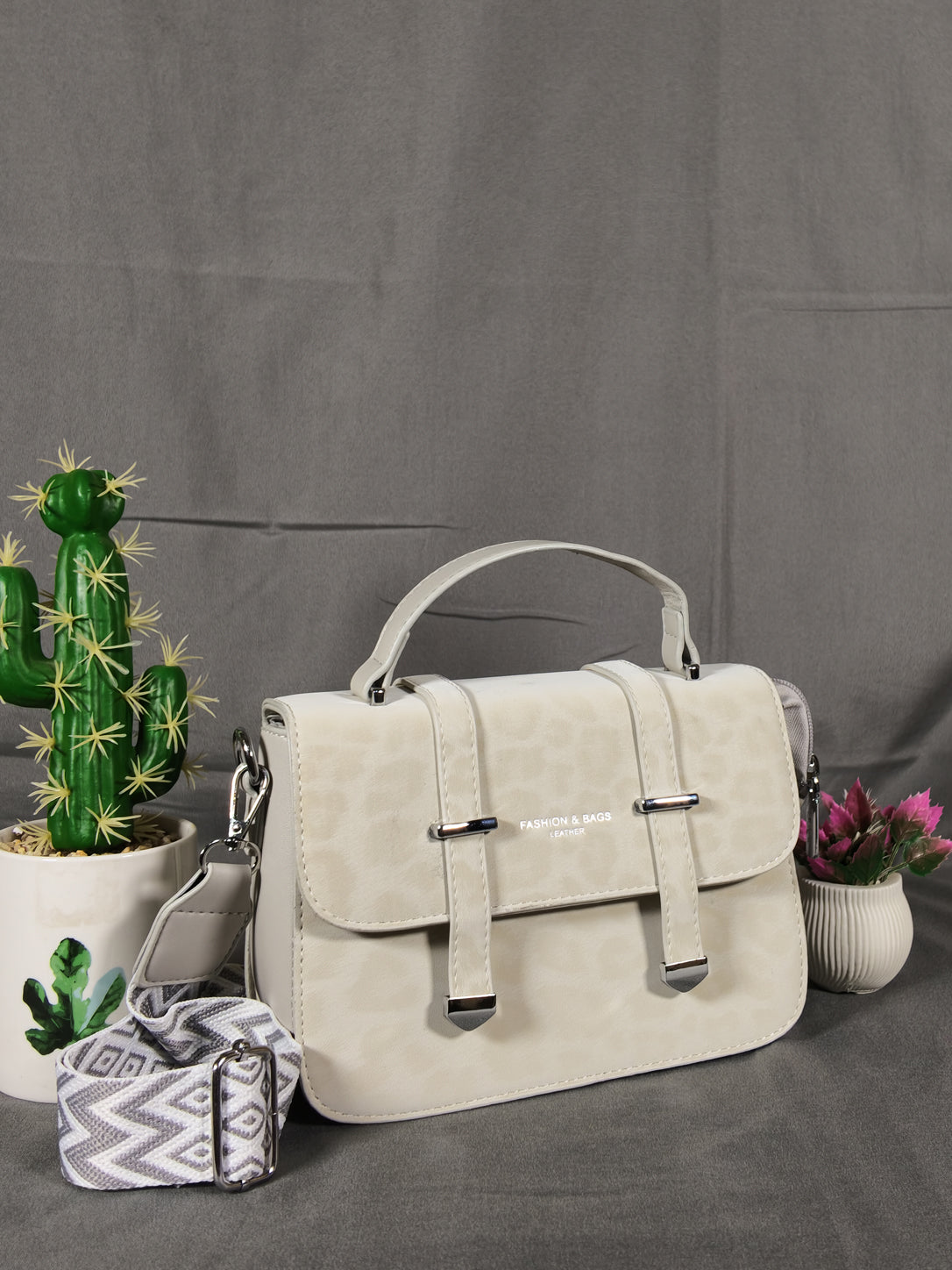 F&B Leopard Print Leather HandBag with Stylish Strap - Soft Apricot