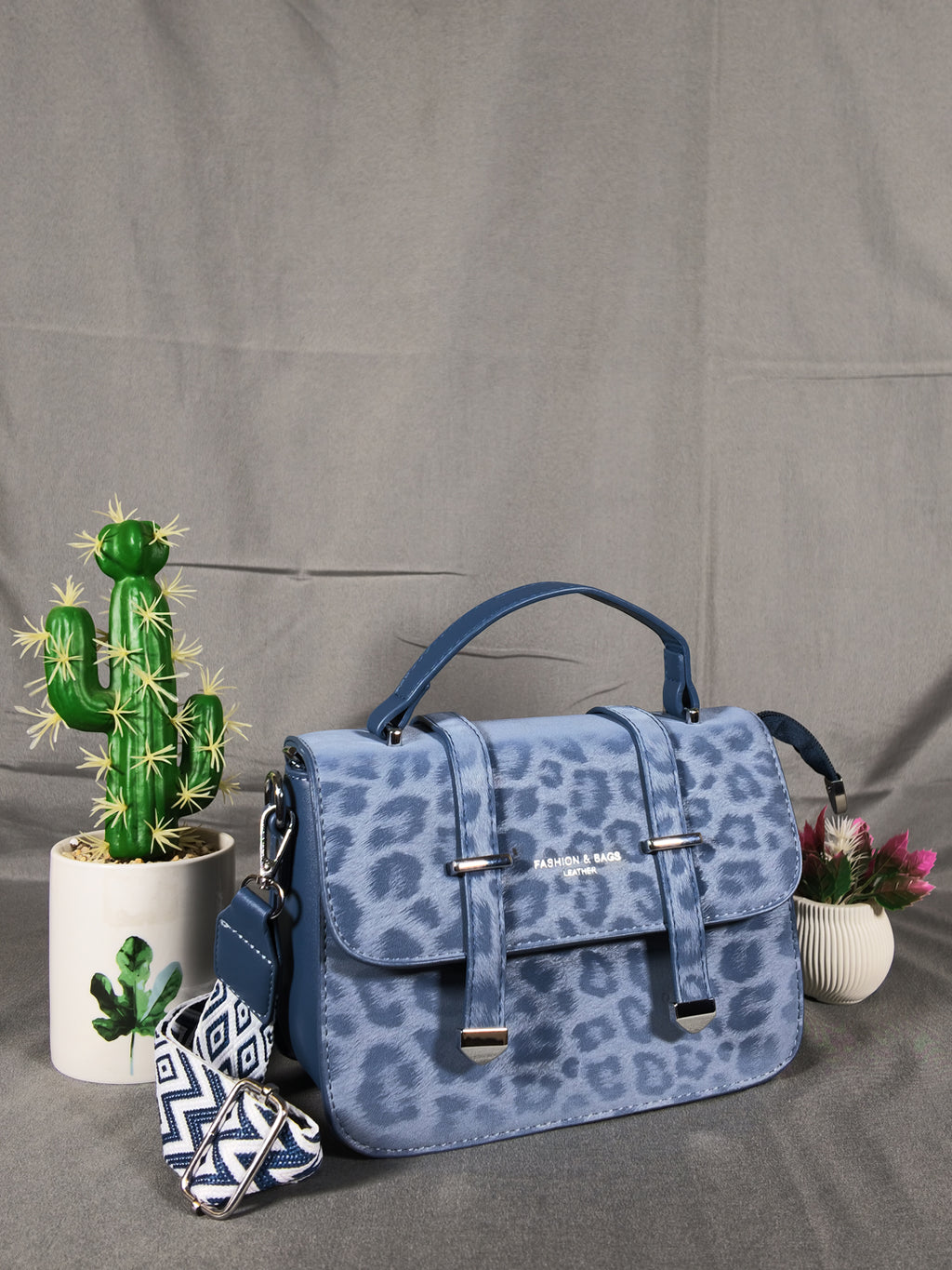 F&B Leopard Print Leather HandBag with Stylish Strap - Blue