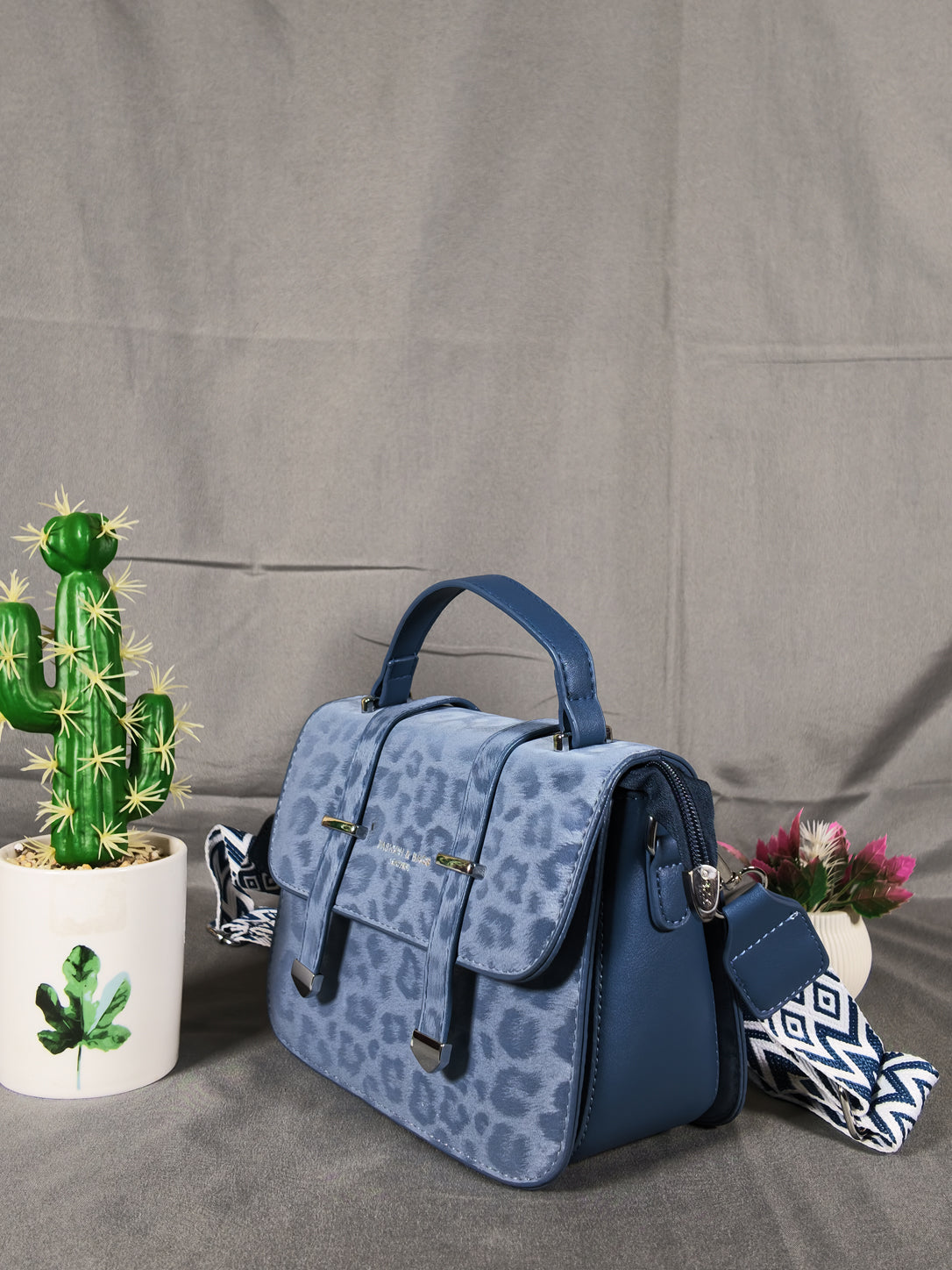 F&B Leopard Print Leather HandBag with Stylish Strap - Blue
