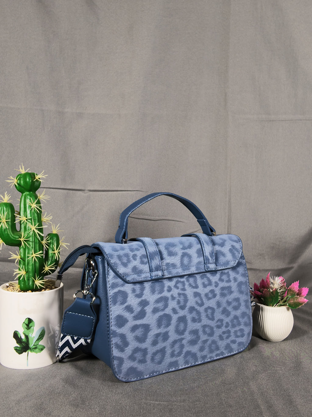 F&B Leopard Print Leather HandBag with Stylish Strap - Blue