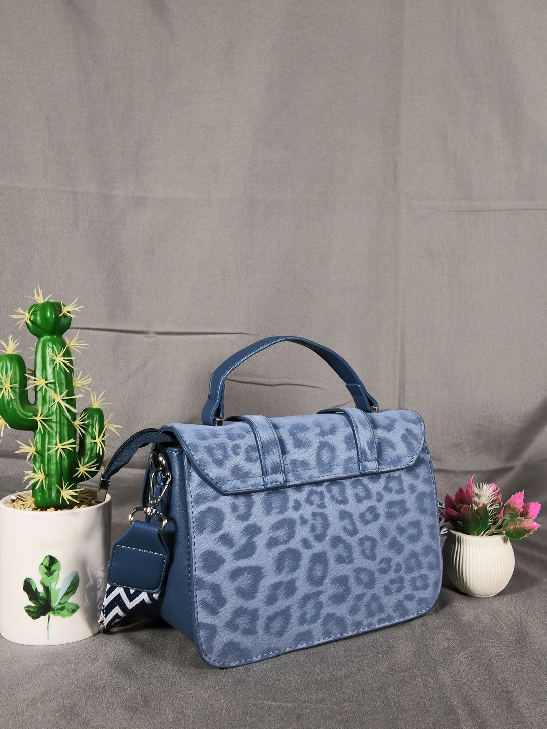 F&B Leopard Print Leather HandBag with Stylish Strap - Blue