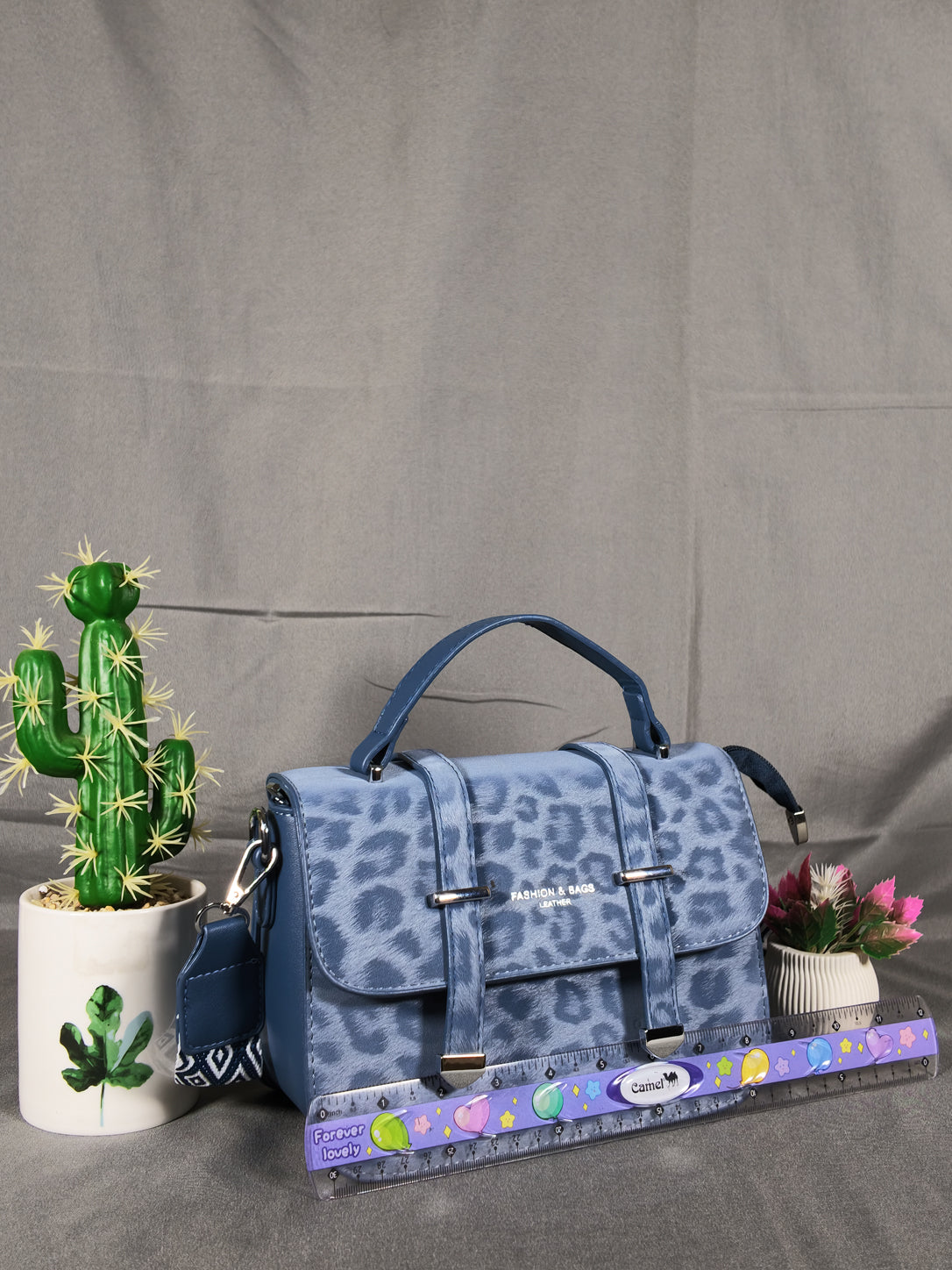 F&B Leopard Print Leather HandBag with Stylish Strap - Blue