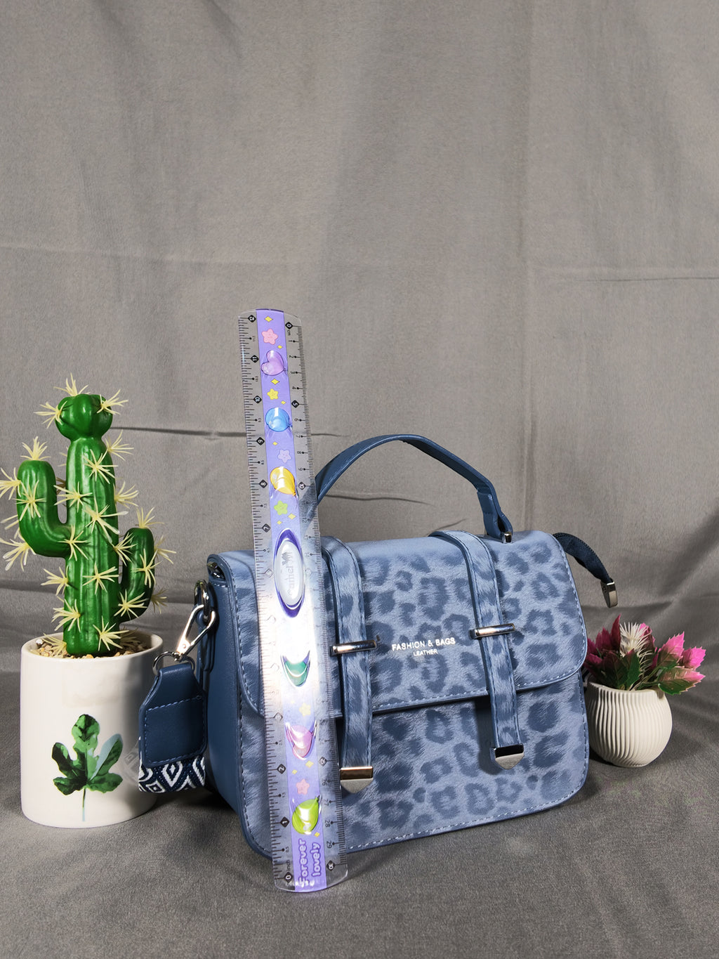 F&B Leopard Print Leather HandBag with Stylish Strap - Blue