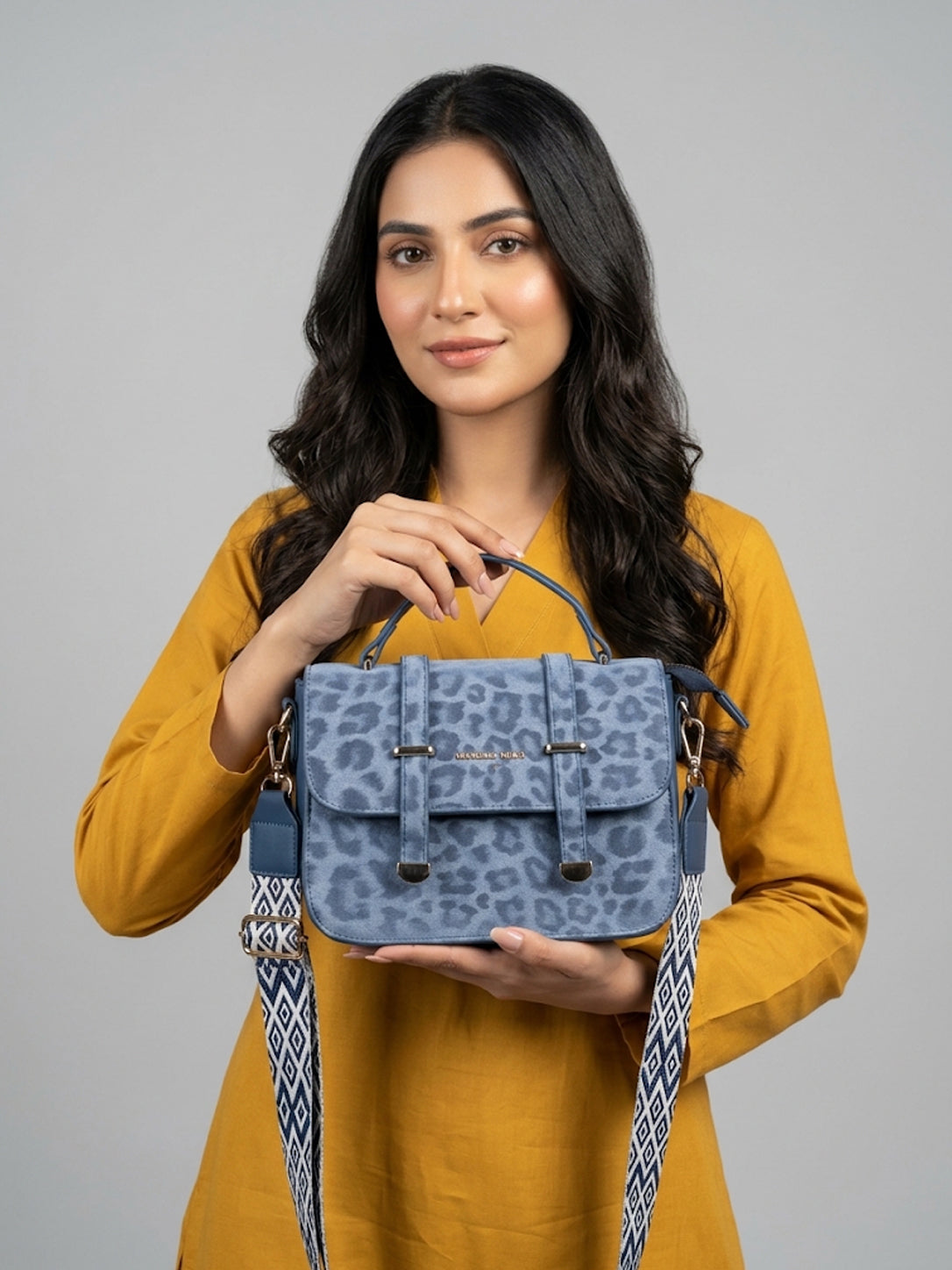 F&B Leopard Print Leather HandBag with Stylish Strap - Blue