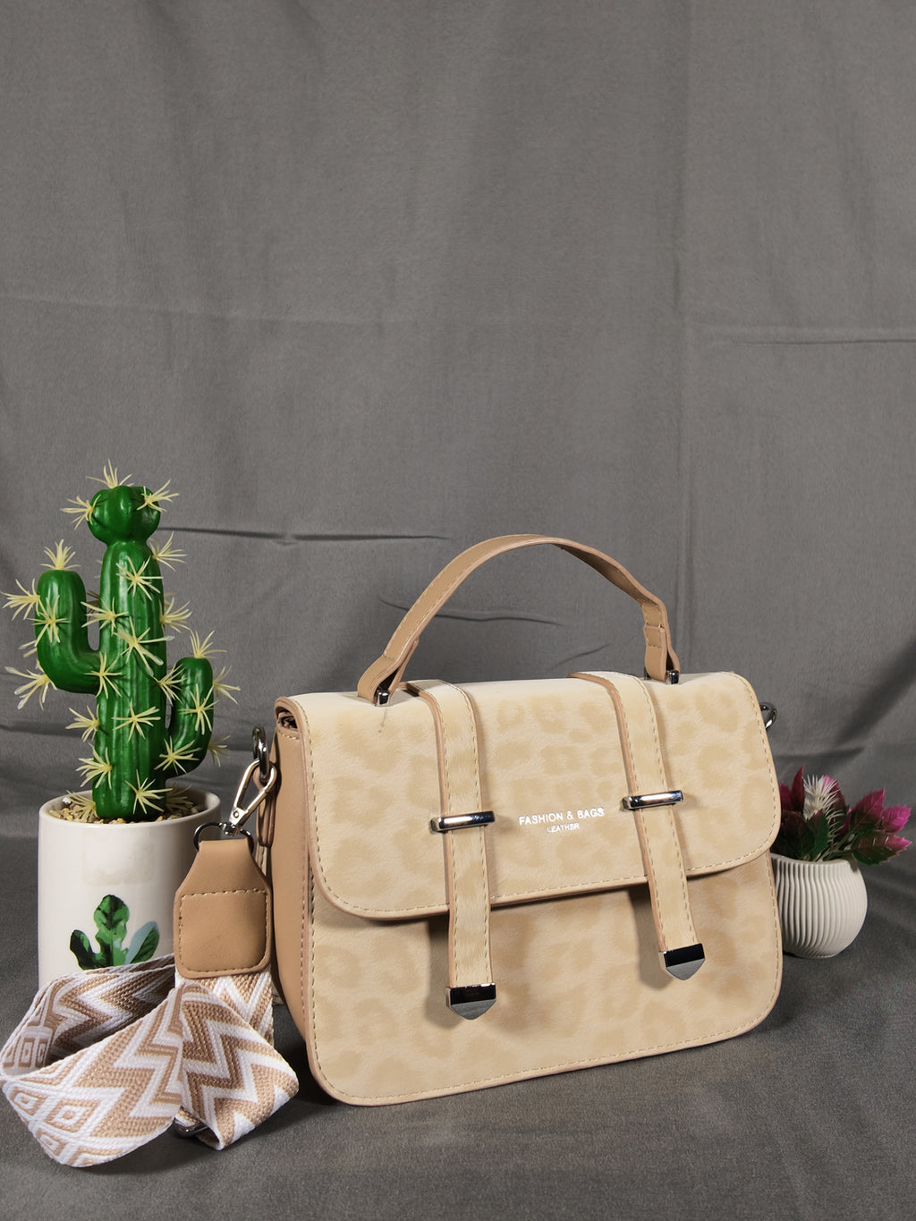 F&B Leopard Print Leather HandBag with Stylish Strap - Khaki