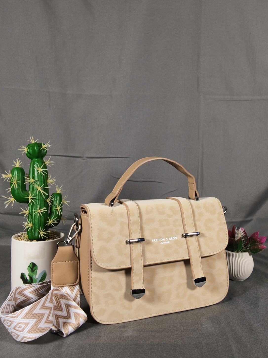 F&B Leopard Print Leather HandBag with Stylish Strap - Khaki