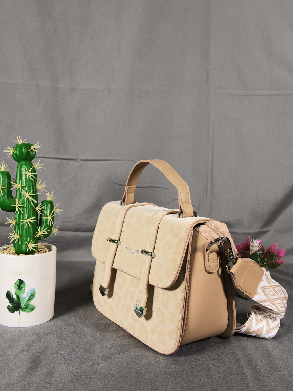 F&B Leopard Print Leather HandBag with Stylish Strap - Khaki