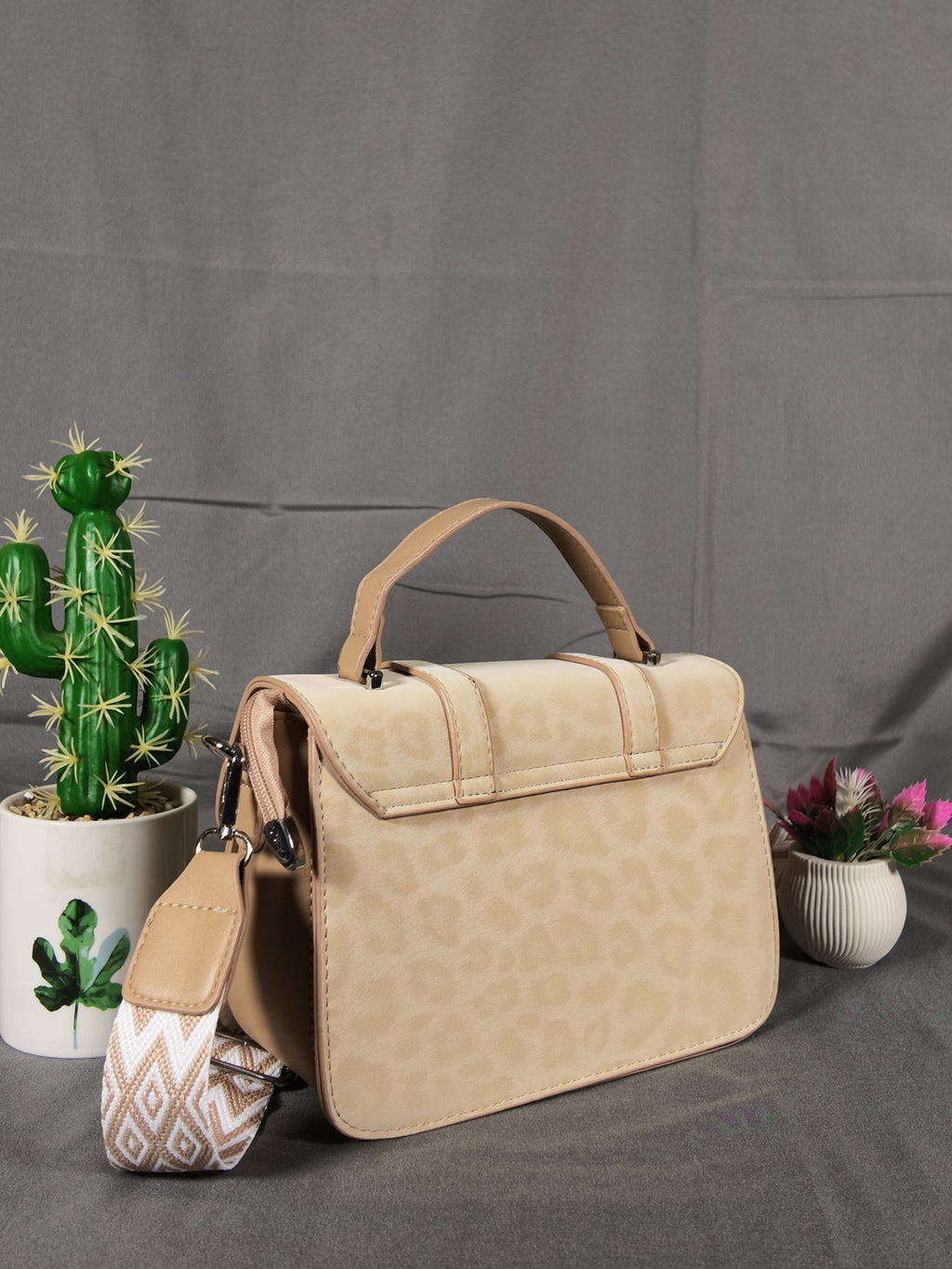 F&B Leopard Print Leather HandBag with Stylish Strap - Khaki