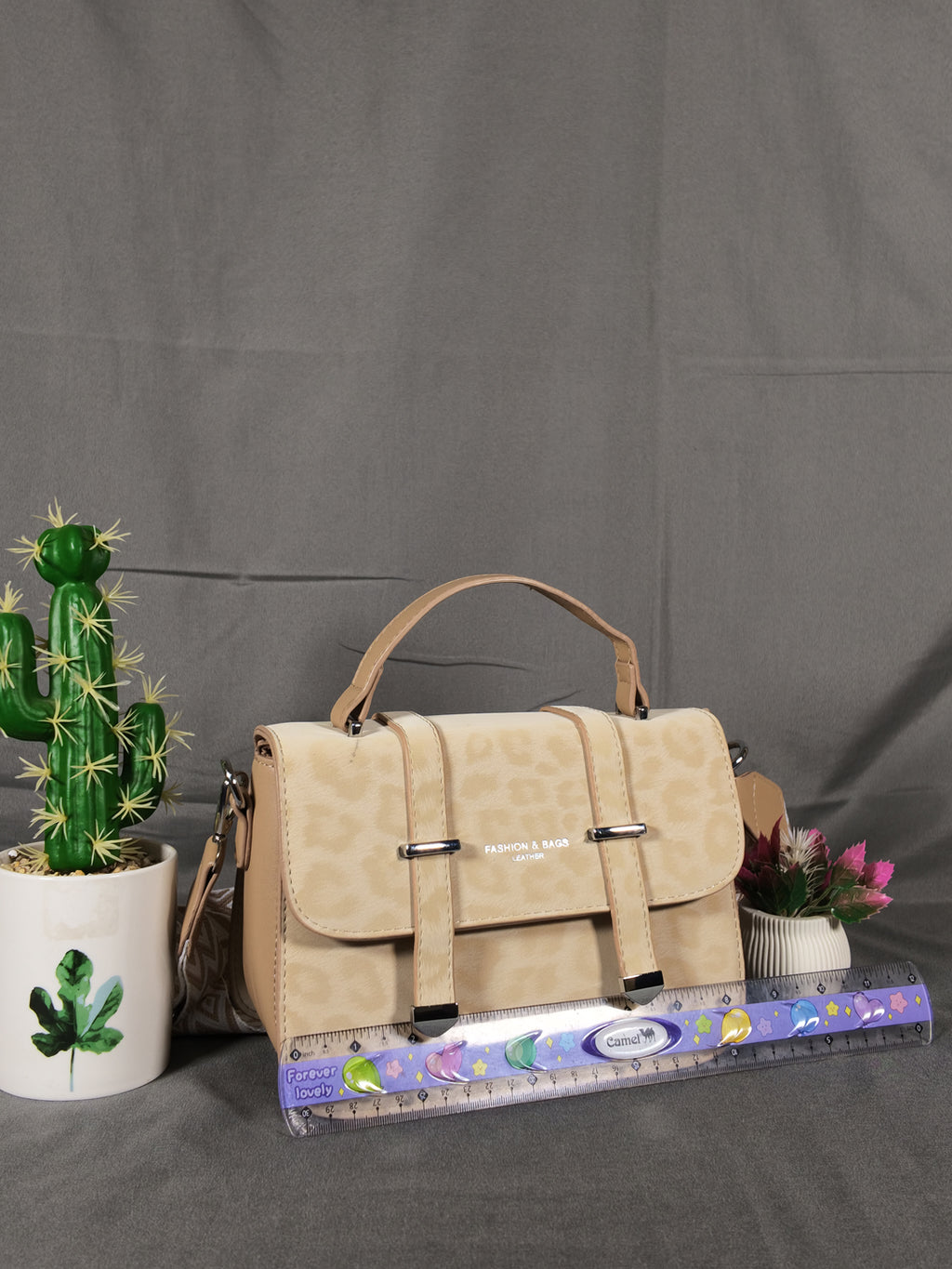 F&B Leopard Print Leather HandBag with Stylish Strap - Khaki