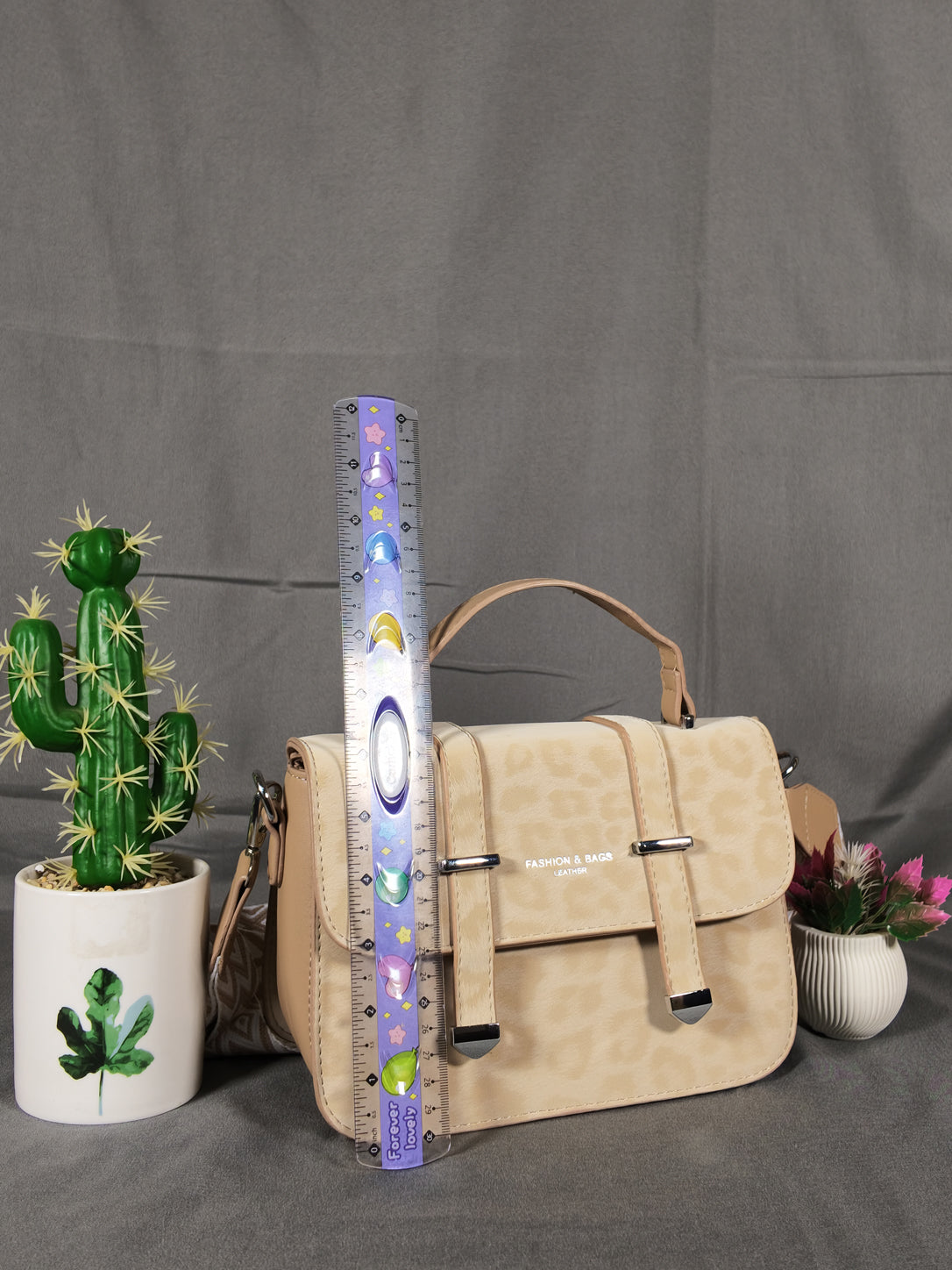 F&B Leopard Print Leather HandBag with Stylish Strap - Khaki
