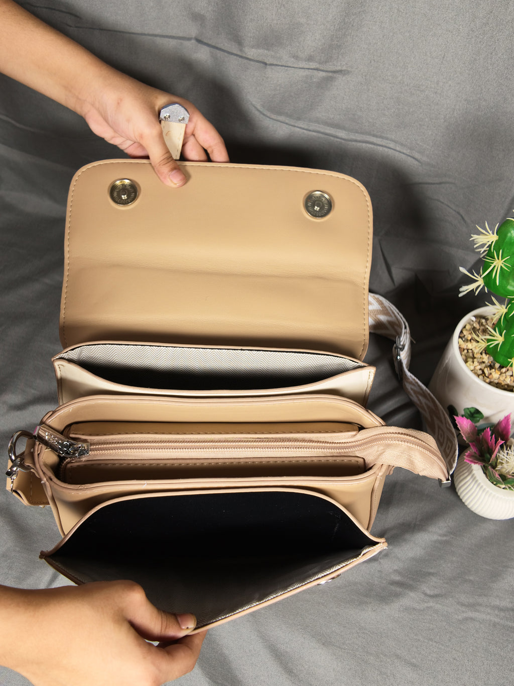 F&B Leopard Print Leather HandBag with Stylish Strap - Khaki