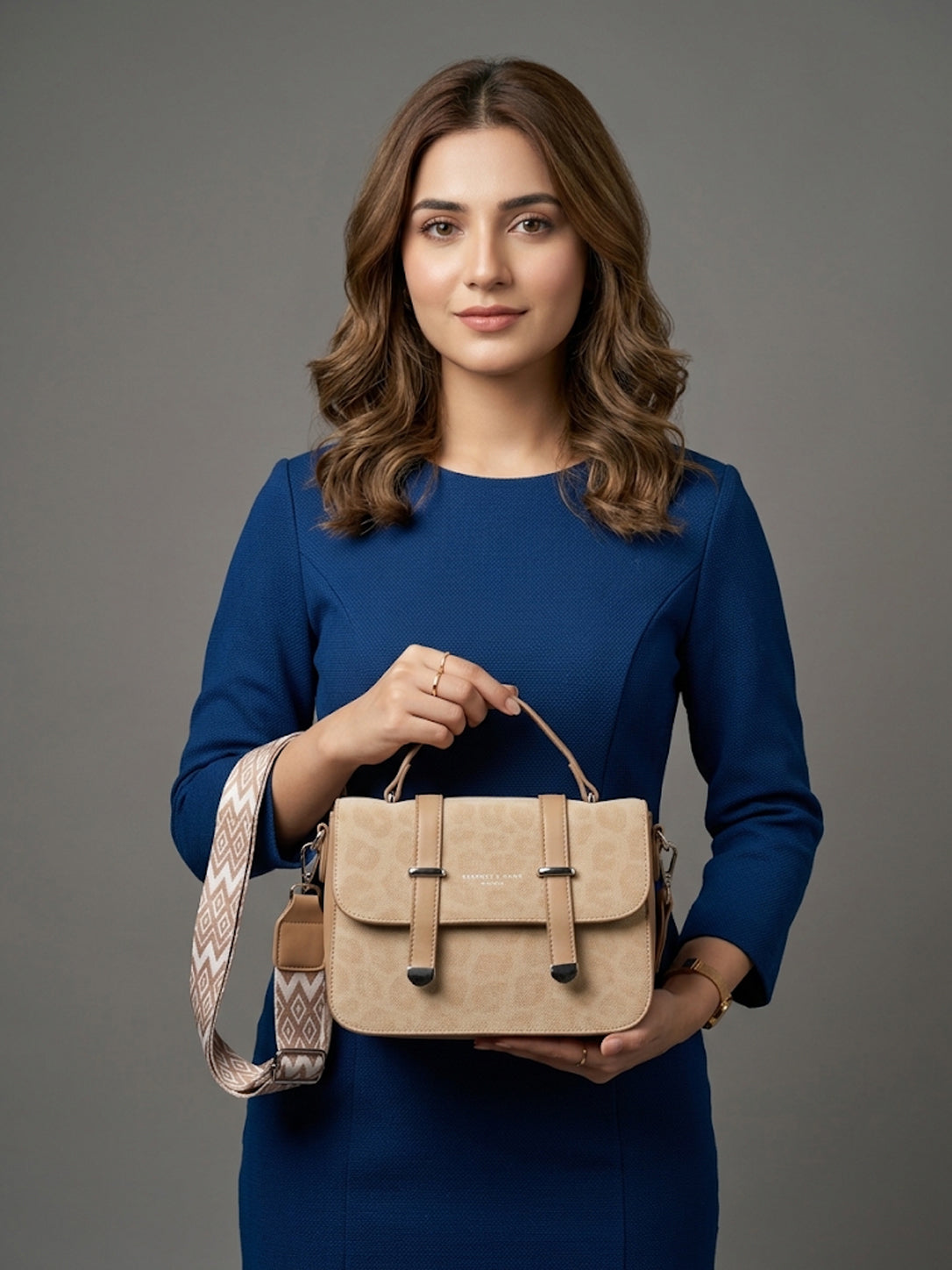 F&B Leopard Print Leather HandBag with Stylish Strap - Khaki