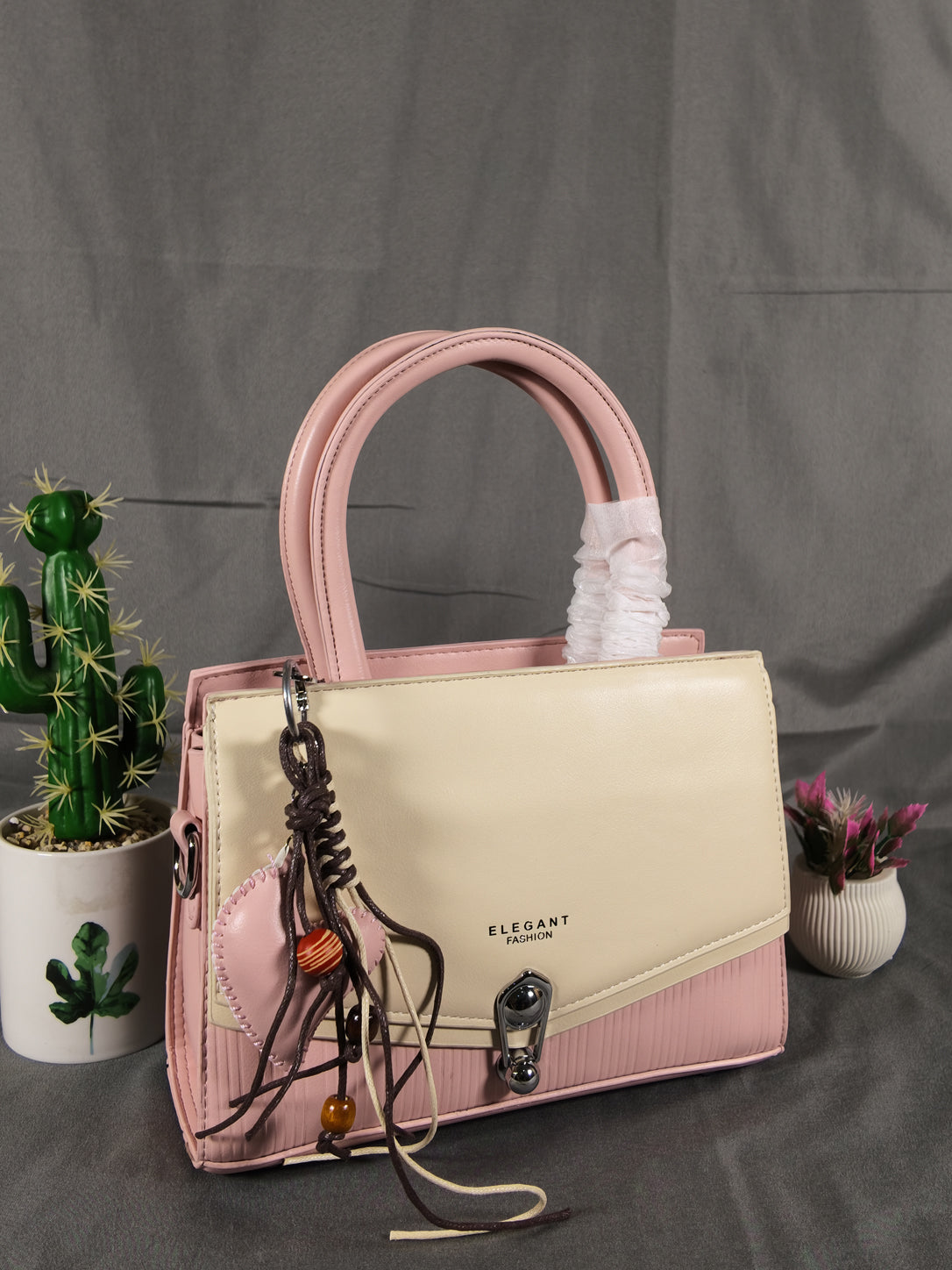 Elegant Two-Tone Top-Handle Satchel - Pink & Cream