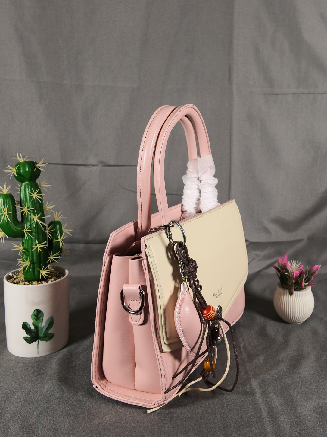 Elegant Two-Tone Top-Handle Satchel - Pink & Cream