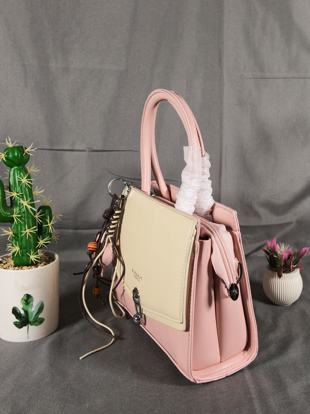 Elegant Two-Tone Top-Handle Satchel - Pink & Cream
