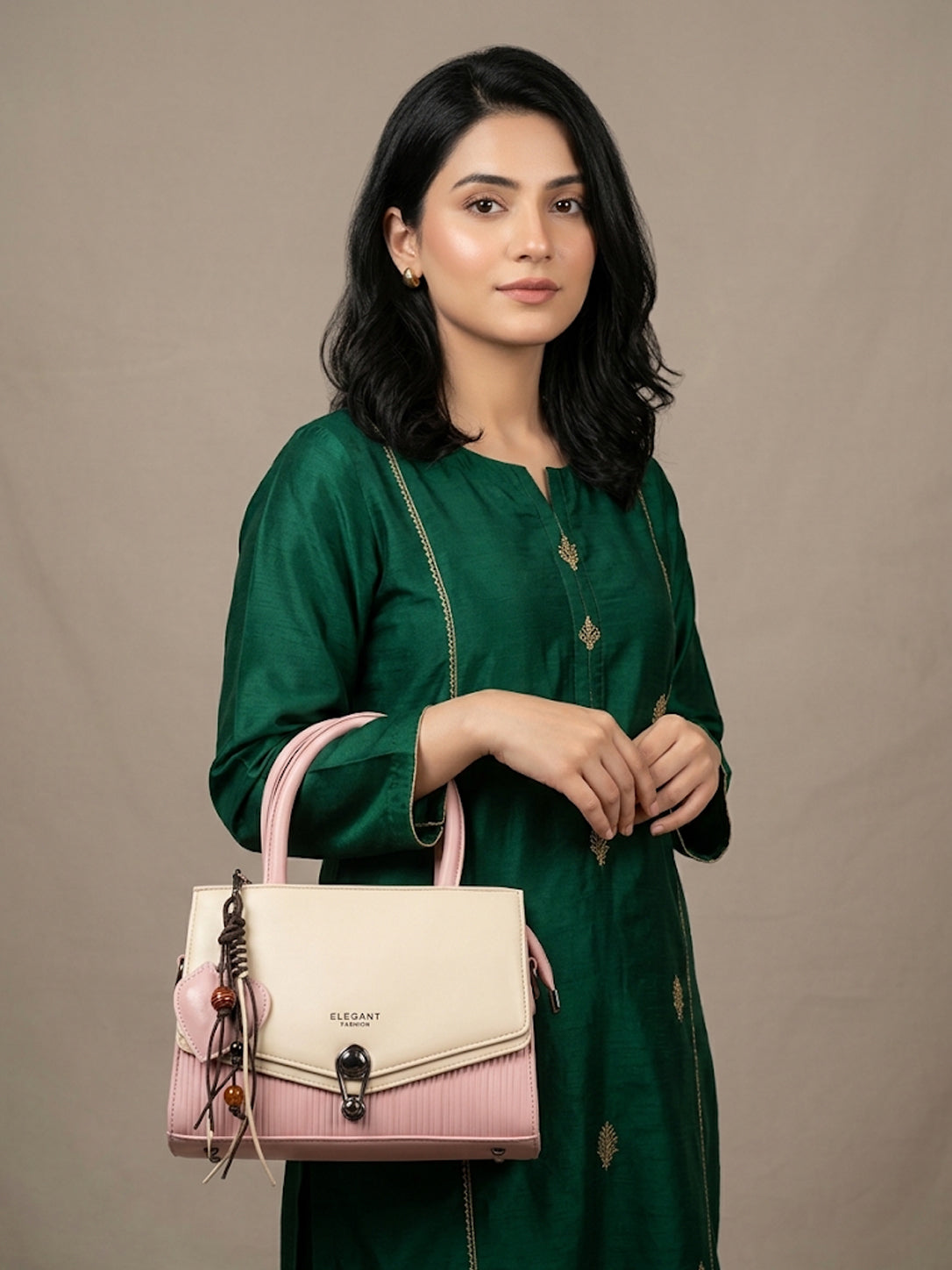 Elegant Two-Tone Top-Handle Satchel - Pink & Cream