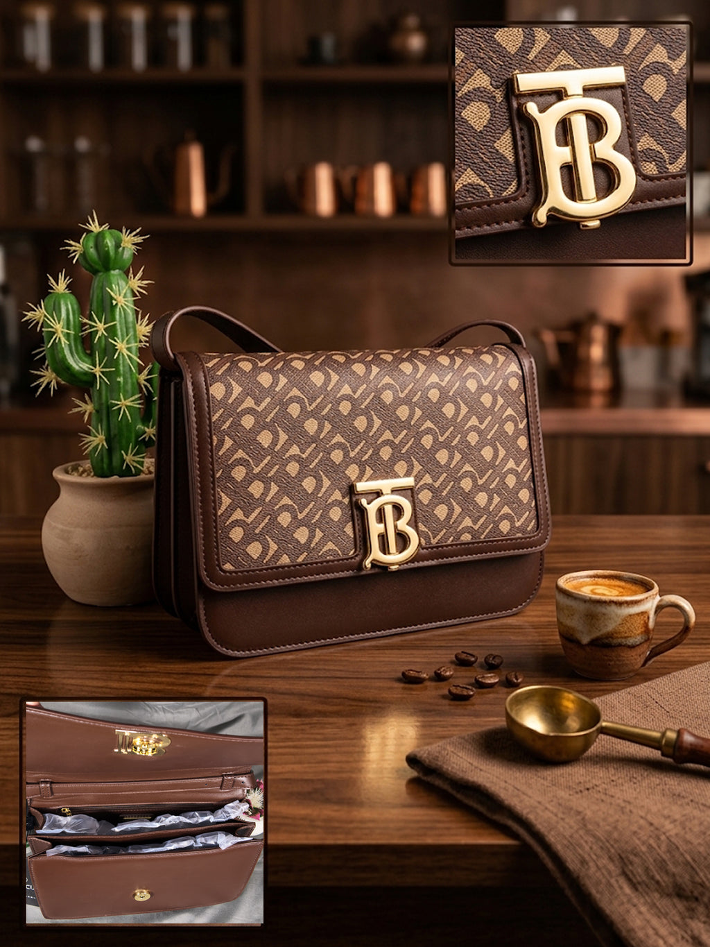 Rain Cun Elegant Monogram Flap Crossbody Bag - Coffee Brown