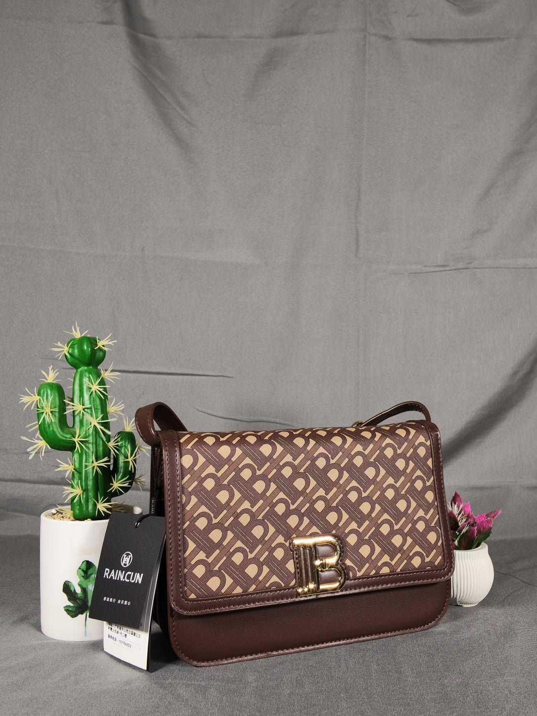 Rain Cun Elegant Monogram Flap Crossbody Bag - Coffee Brown