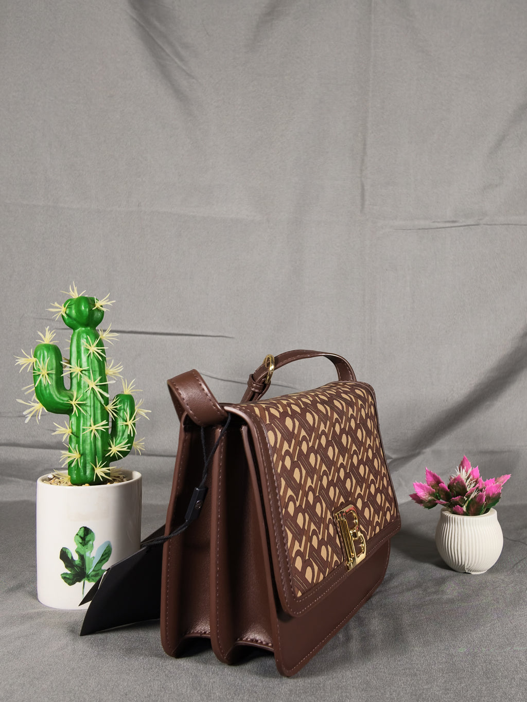Rain Cun Elegant Monogram Flap Crossbody Bag - Coffee Brown